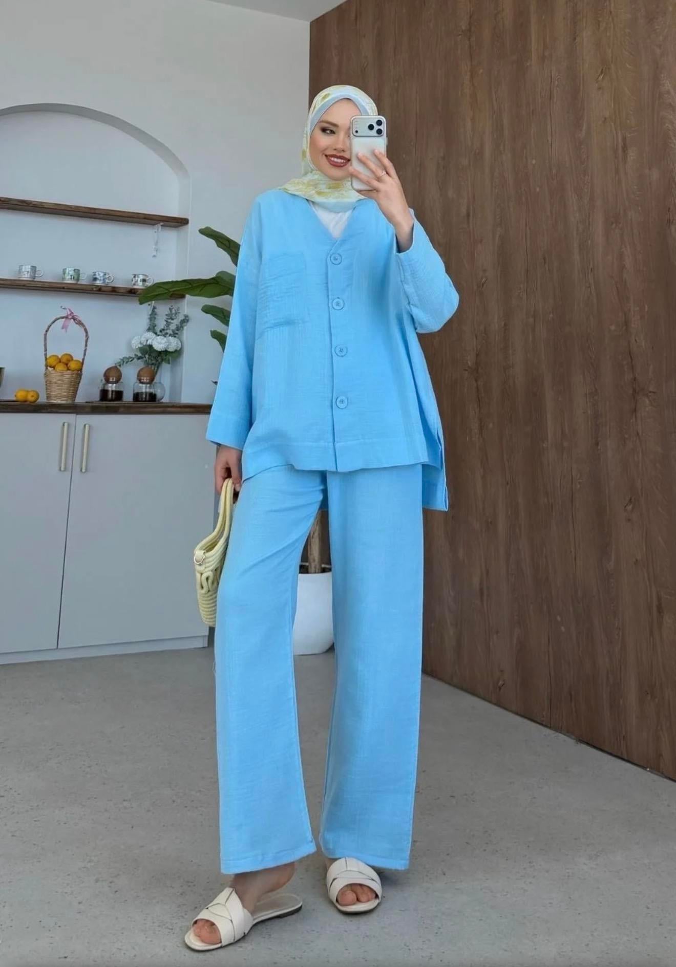 Qup Nur Keten Pantalonlu Takım Bebe Mavisi 8042 