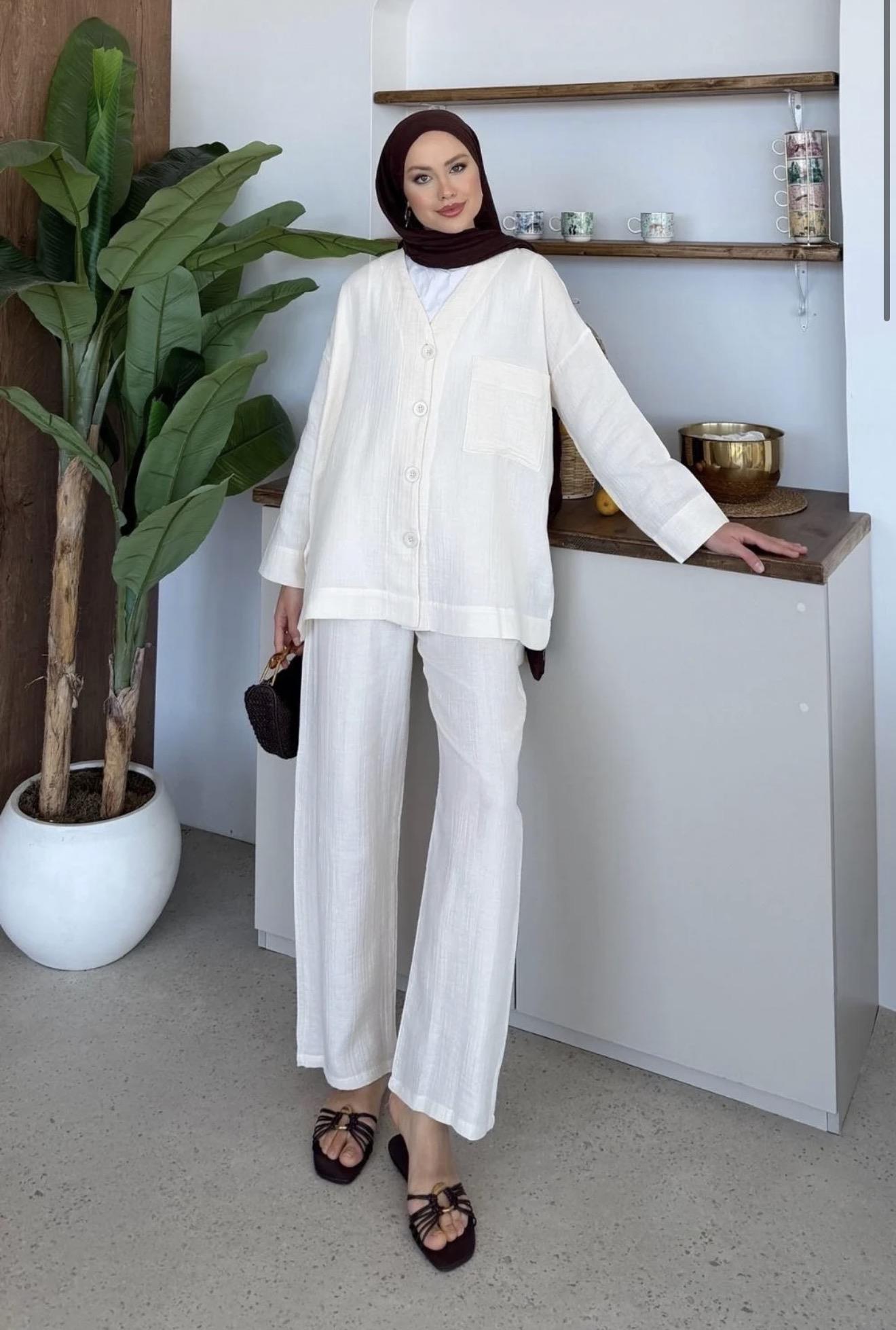 Qup Nur Keten Pantalonlu Takım Ekru (Bej) 8042 