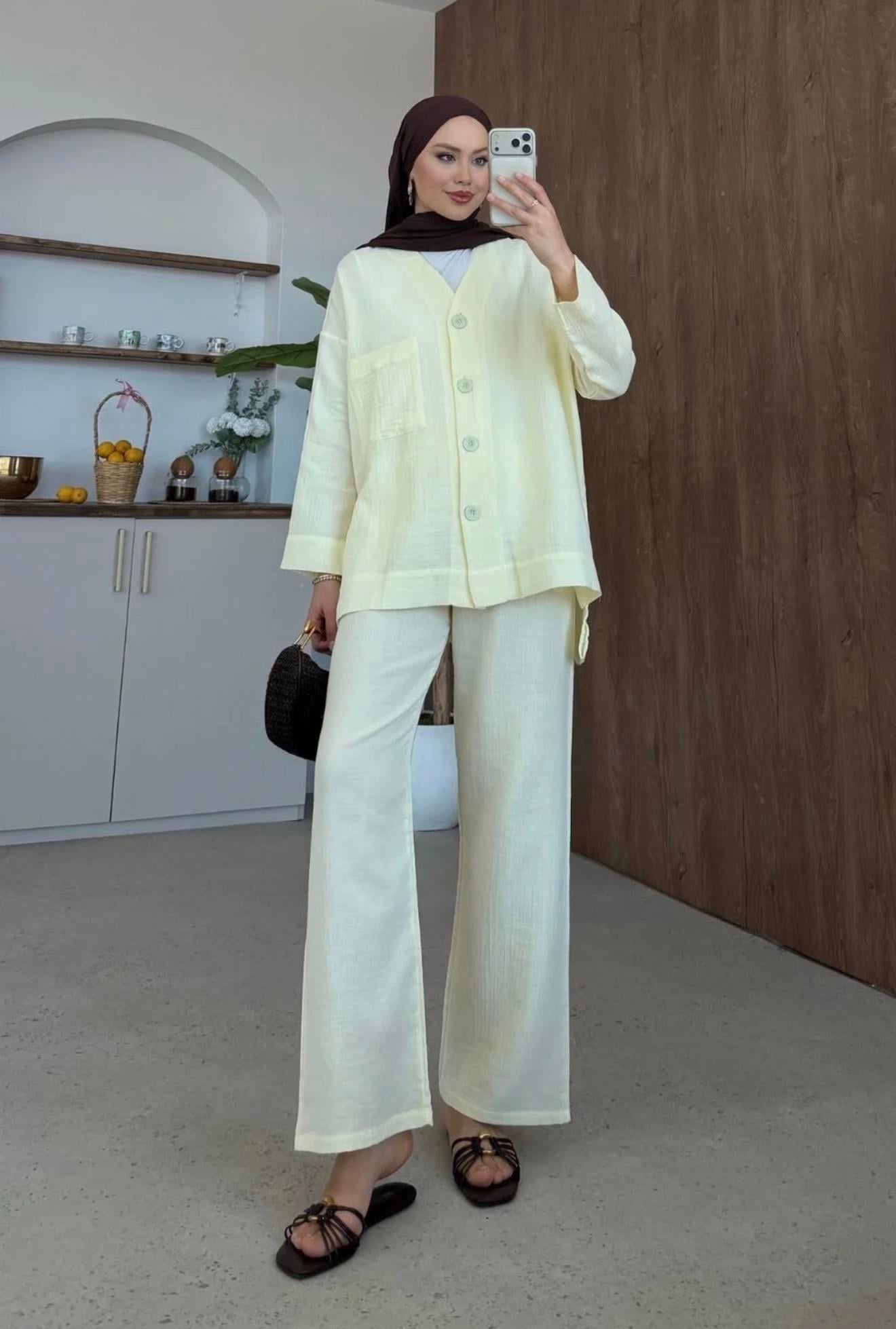 Qup Nur Keten Pantalonlu Takım Sarı 8042 