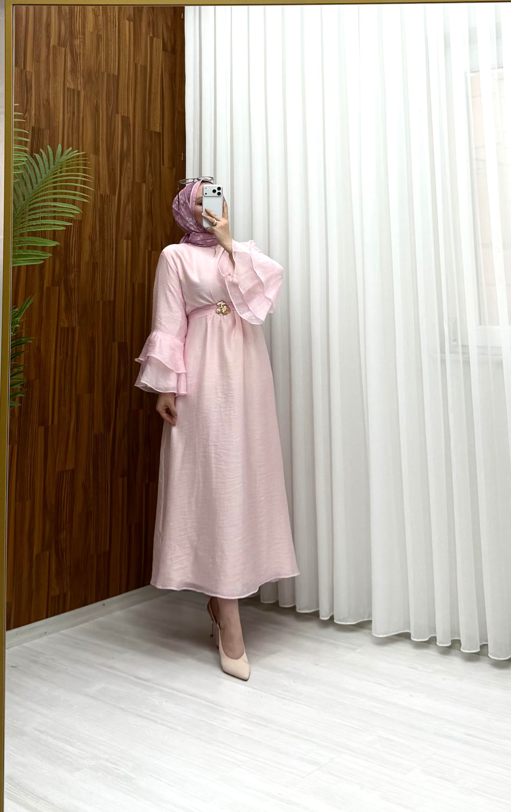 Binay Vual Toka Detay Elbise Pembe 8097 