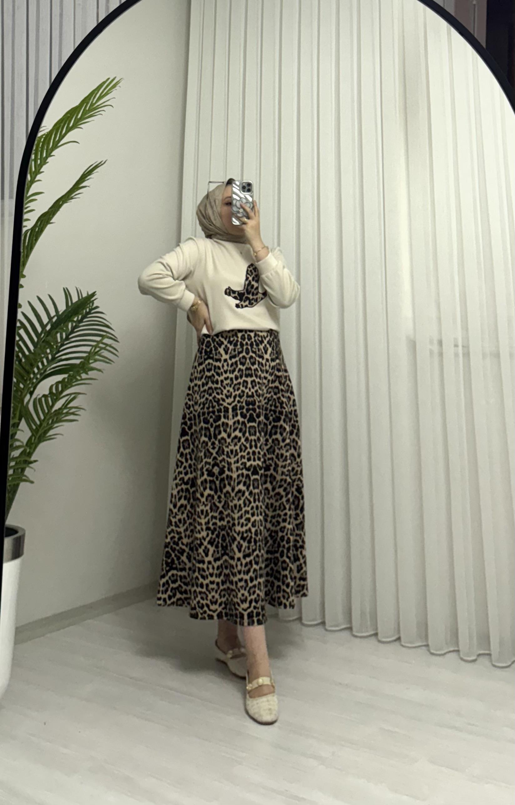 Aya Store Leopar Kuş Desen Takım Bej