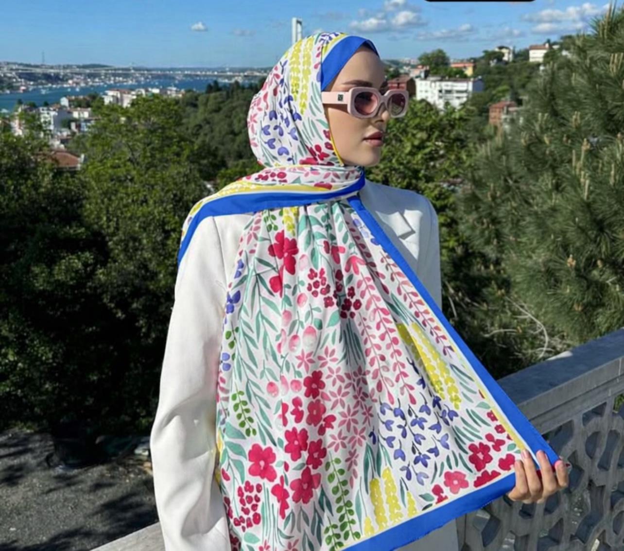Desenli Şal zincir detaylı çiçek şal Mavi 