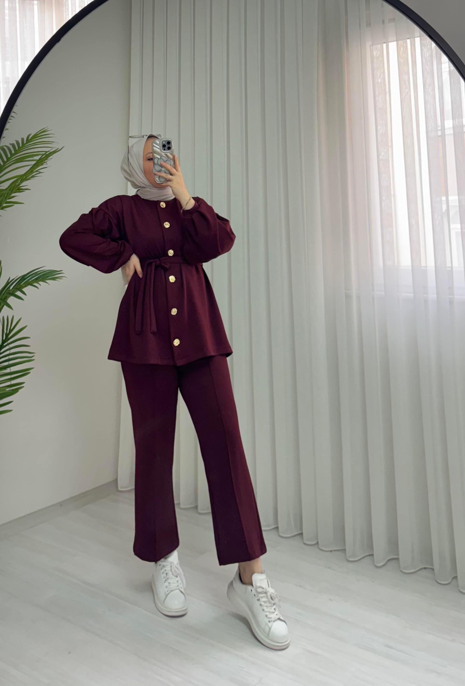 Newshe Düğmeli Scuba Takım Bordo