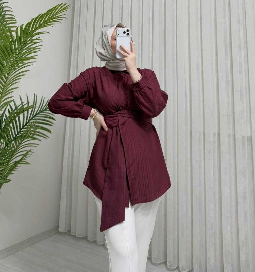 Newshe Florlu Bağlamalı Tunik Bordo
