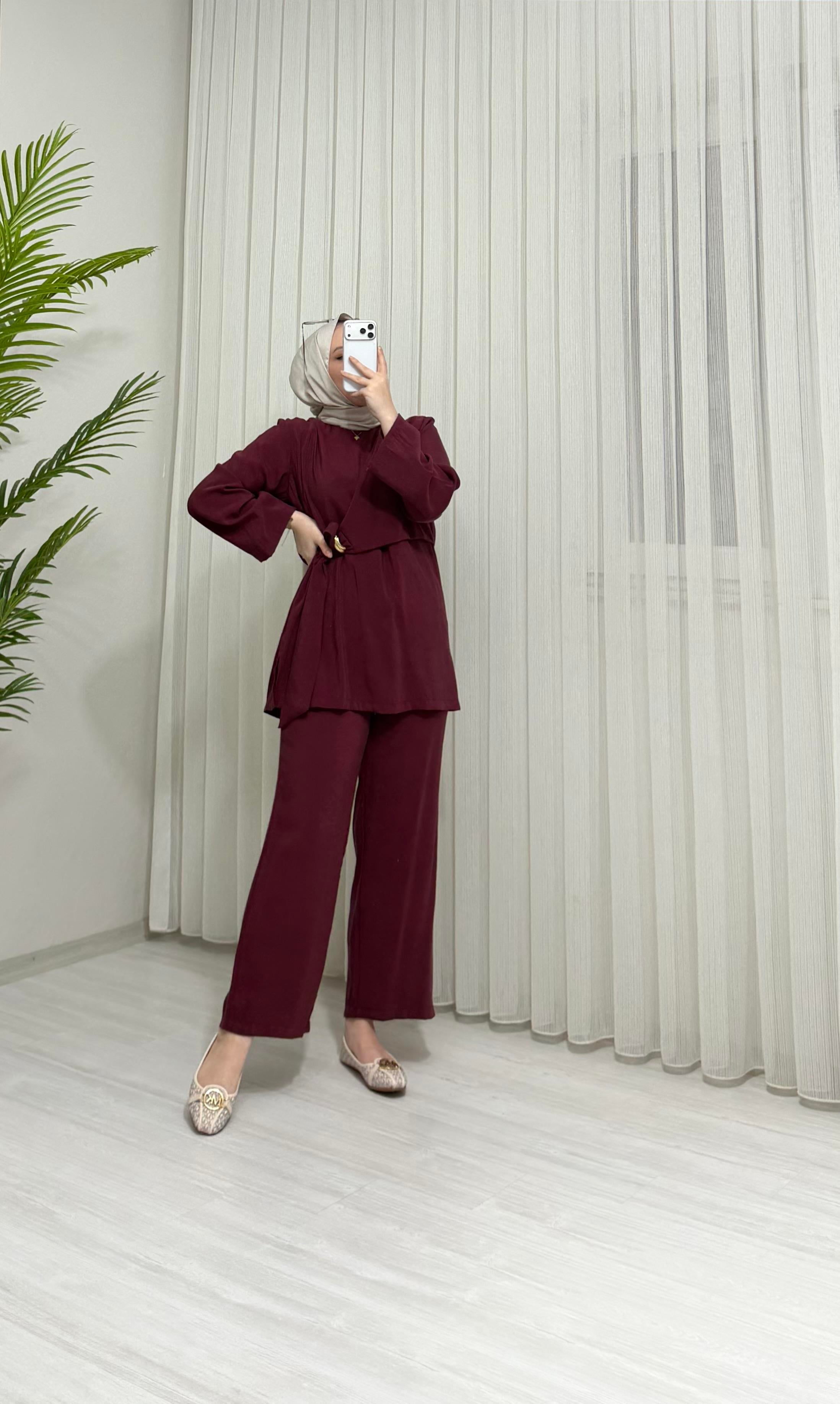 Newshe Modal Kumaş Pantalonlu Takım Bordo