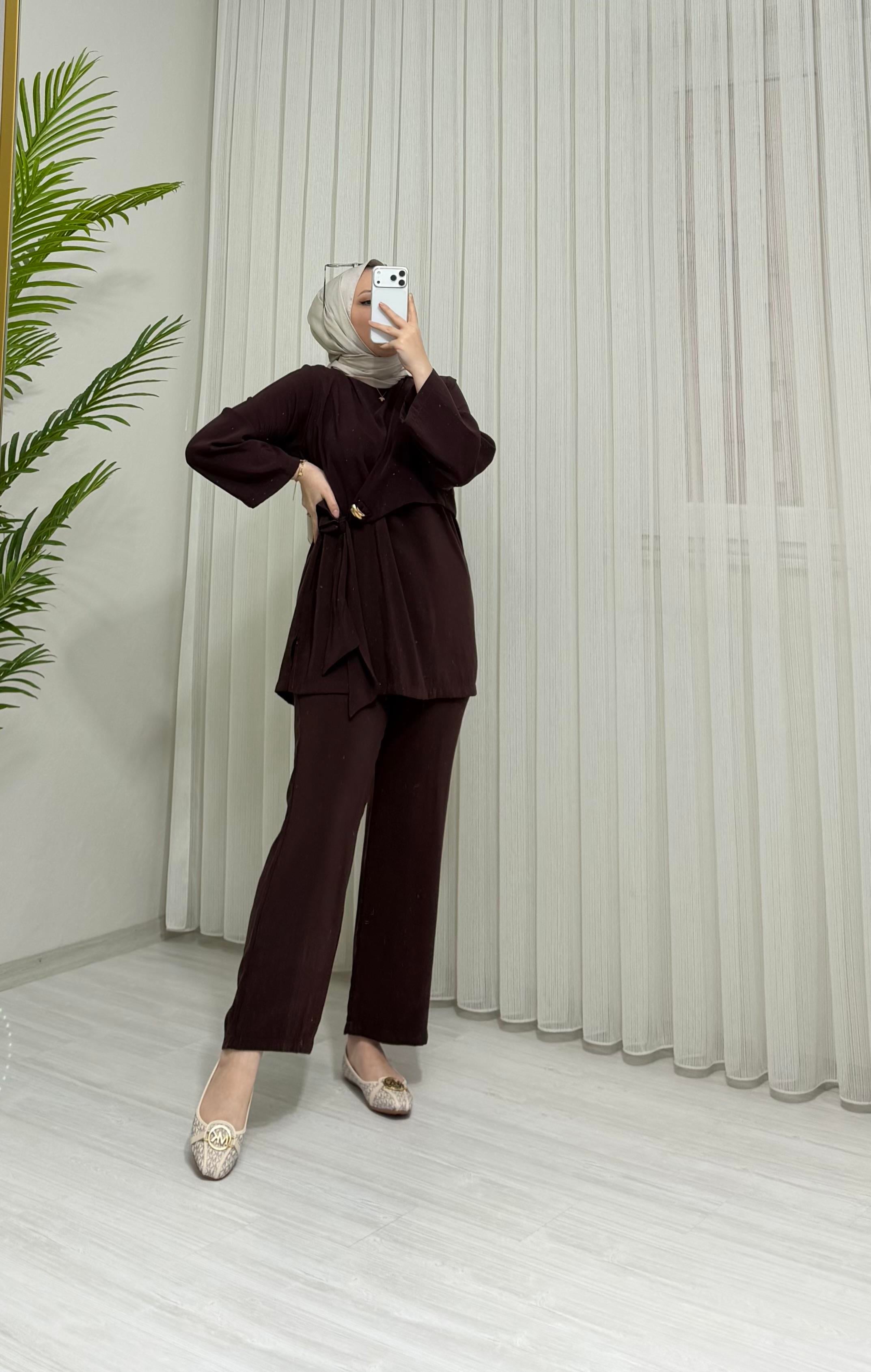 Newshe Modal Kumaş Pantalonlu Takım Kahve