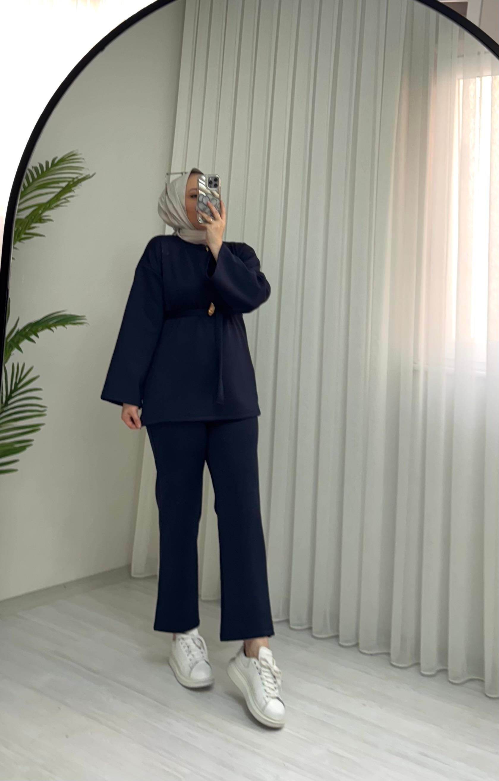 Newshe Scuba Golt Düğmeli Düz Takım Lacivert
