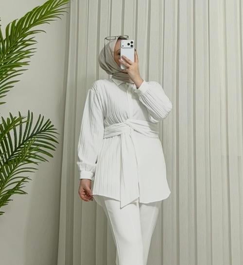 Newshe Standart  Bağlamalı Tunik Beyaz (5555)