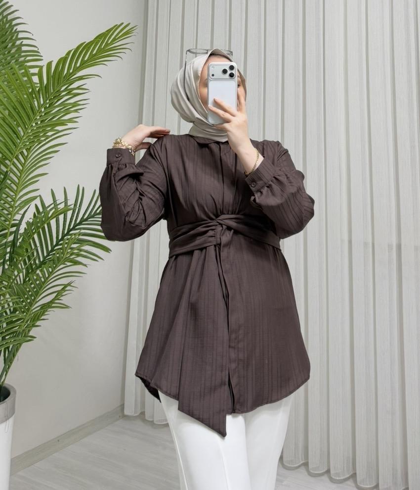 Newshe Standart  Bağlamalı Tunik Kahve (5555)