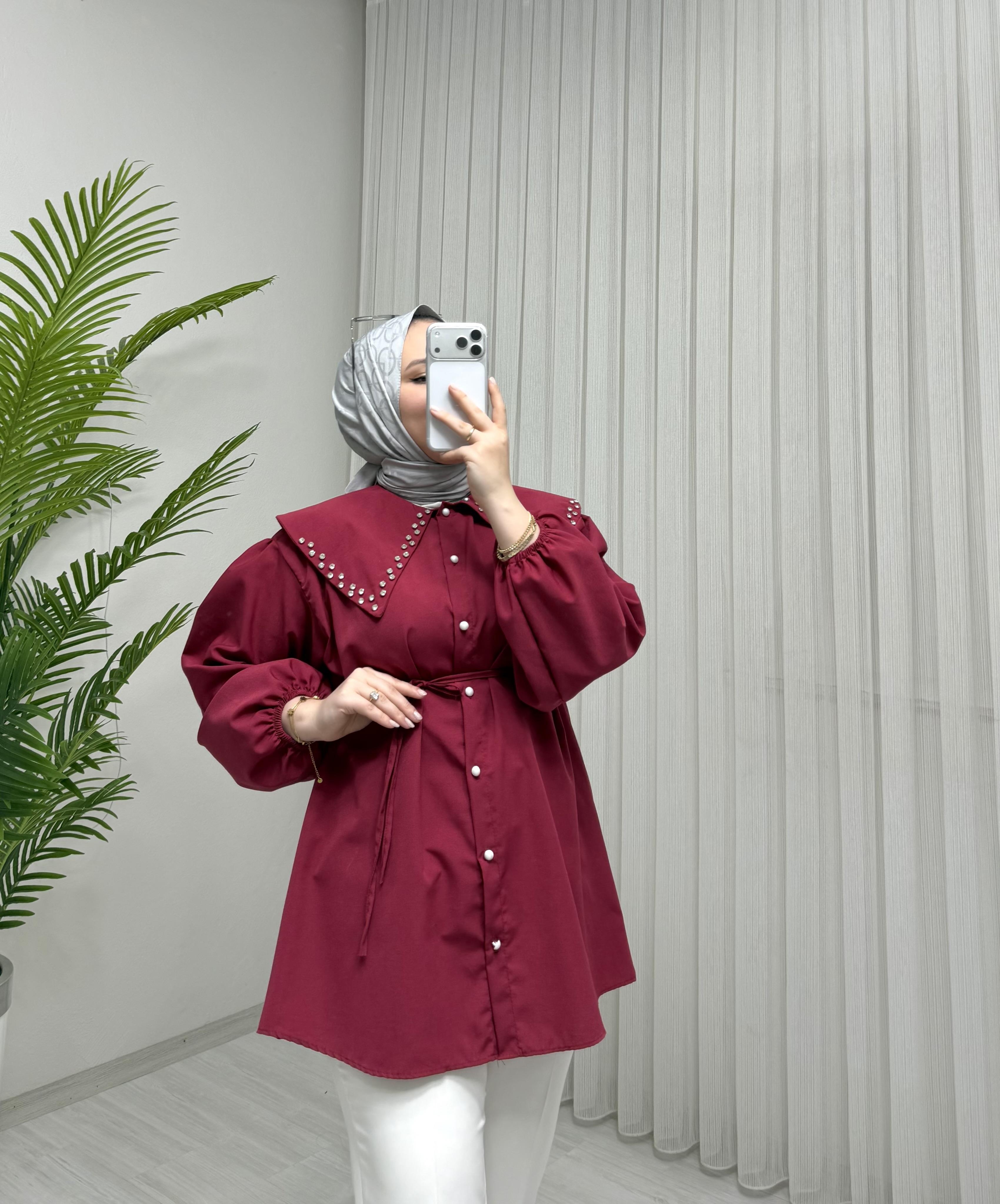 Newshe Terikoton Kumaş Yaka Taşlı Tunik Bordo 