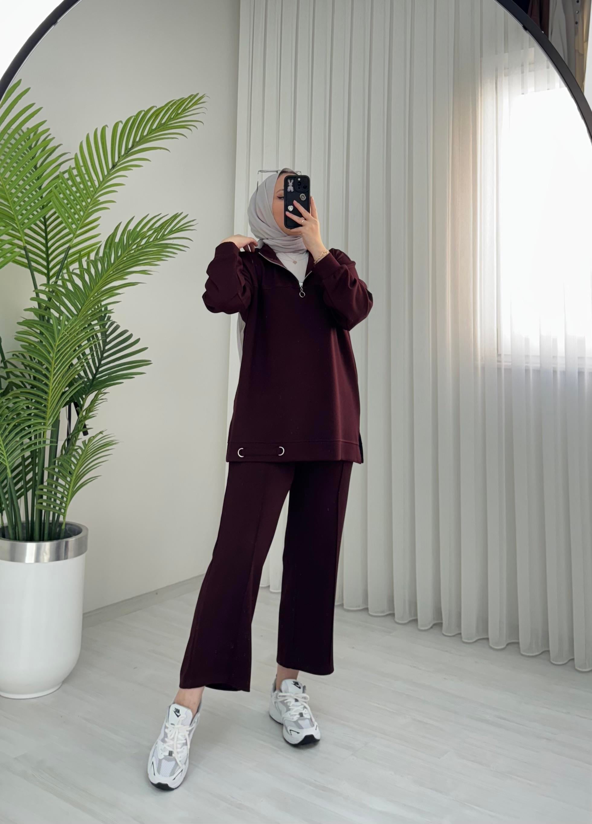 Plise Oyshoo Demir Detaylı Takım Bordo