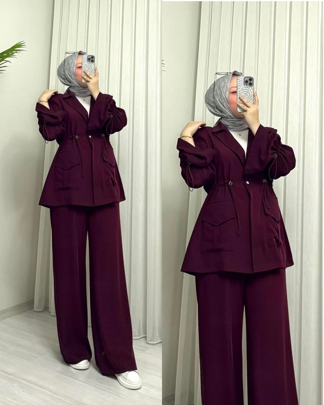 Poli Adriyana Kumaş Çıtlı Takım Bordo 