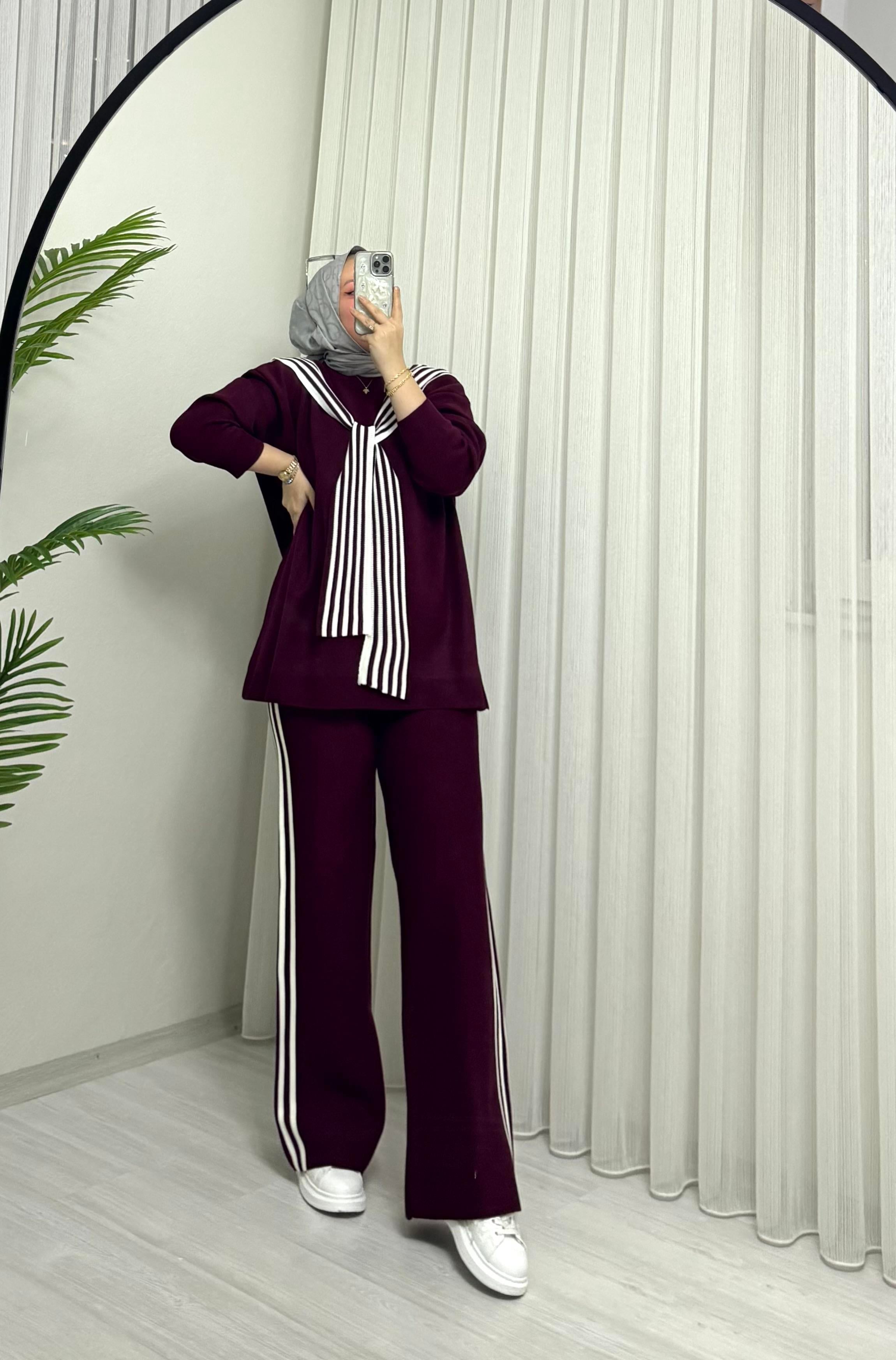 Poli Atkılı Triko Takım Bordo