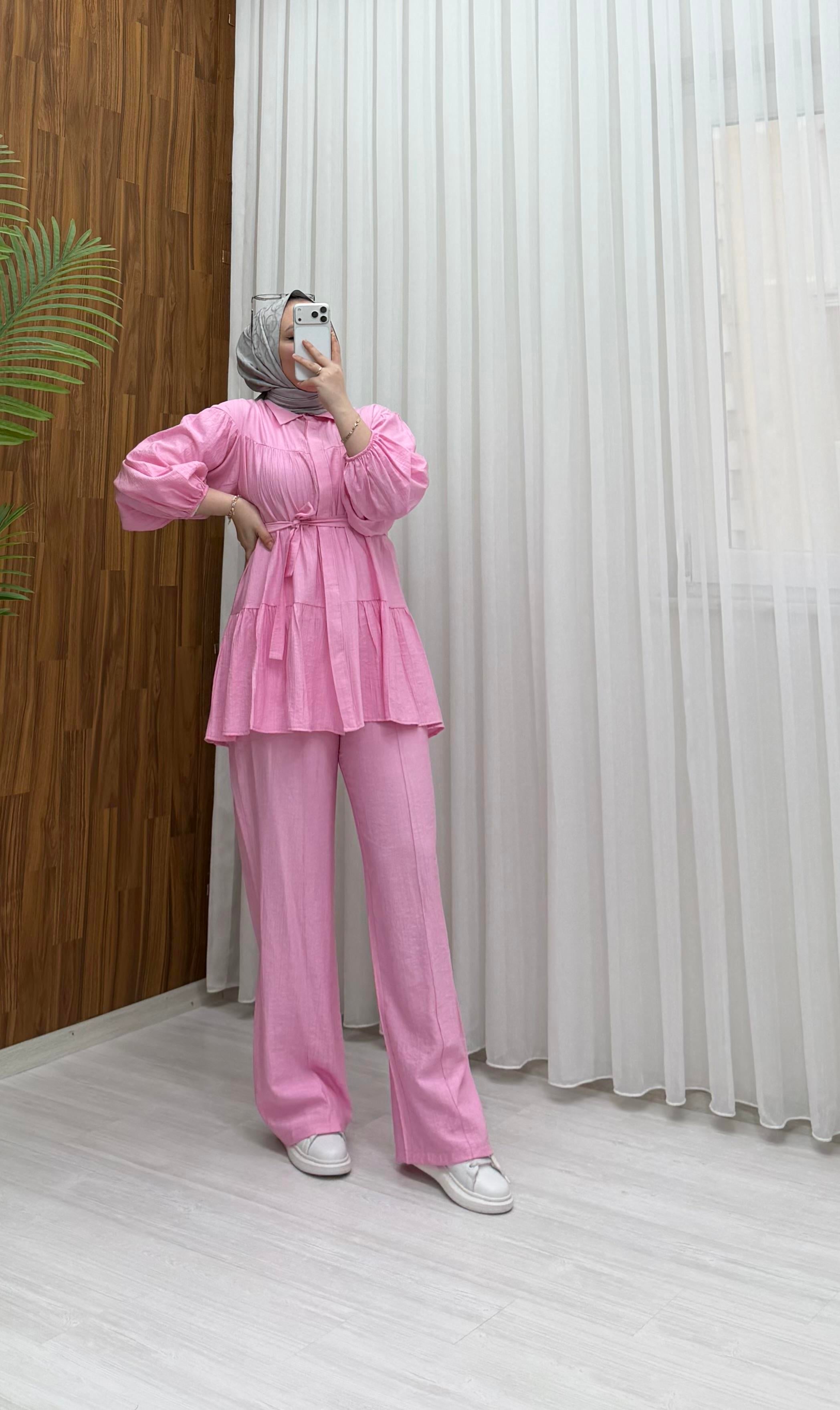 Poli Çilek Kumaş Kuşaklı Takım Pembe