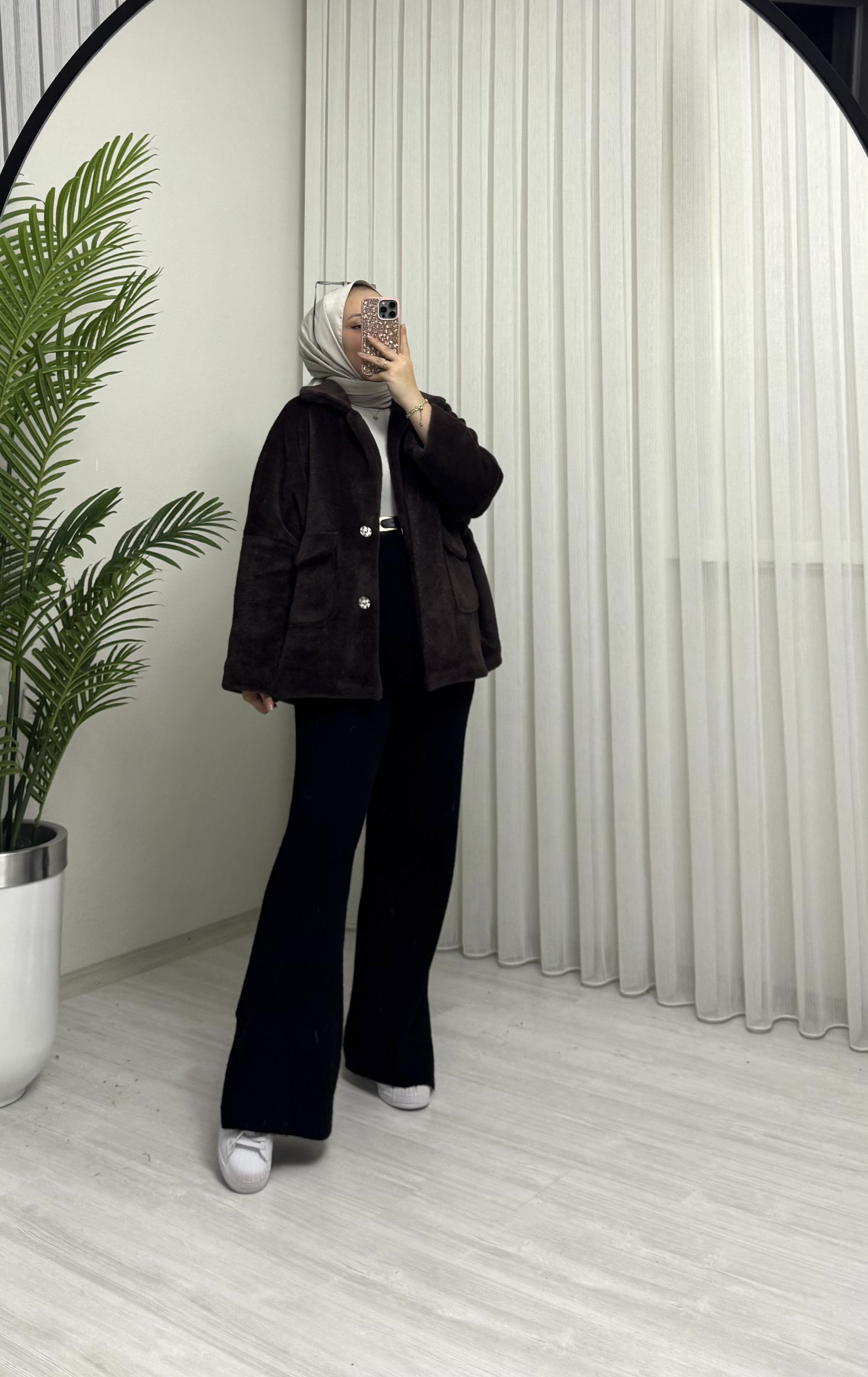 Poli Çıtlı Angora Astarlı Kaban Kahve