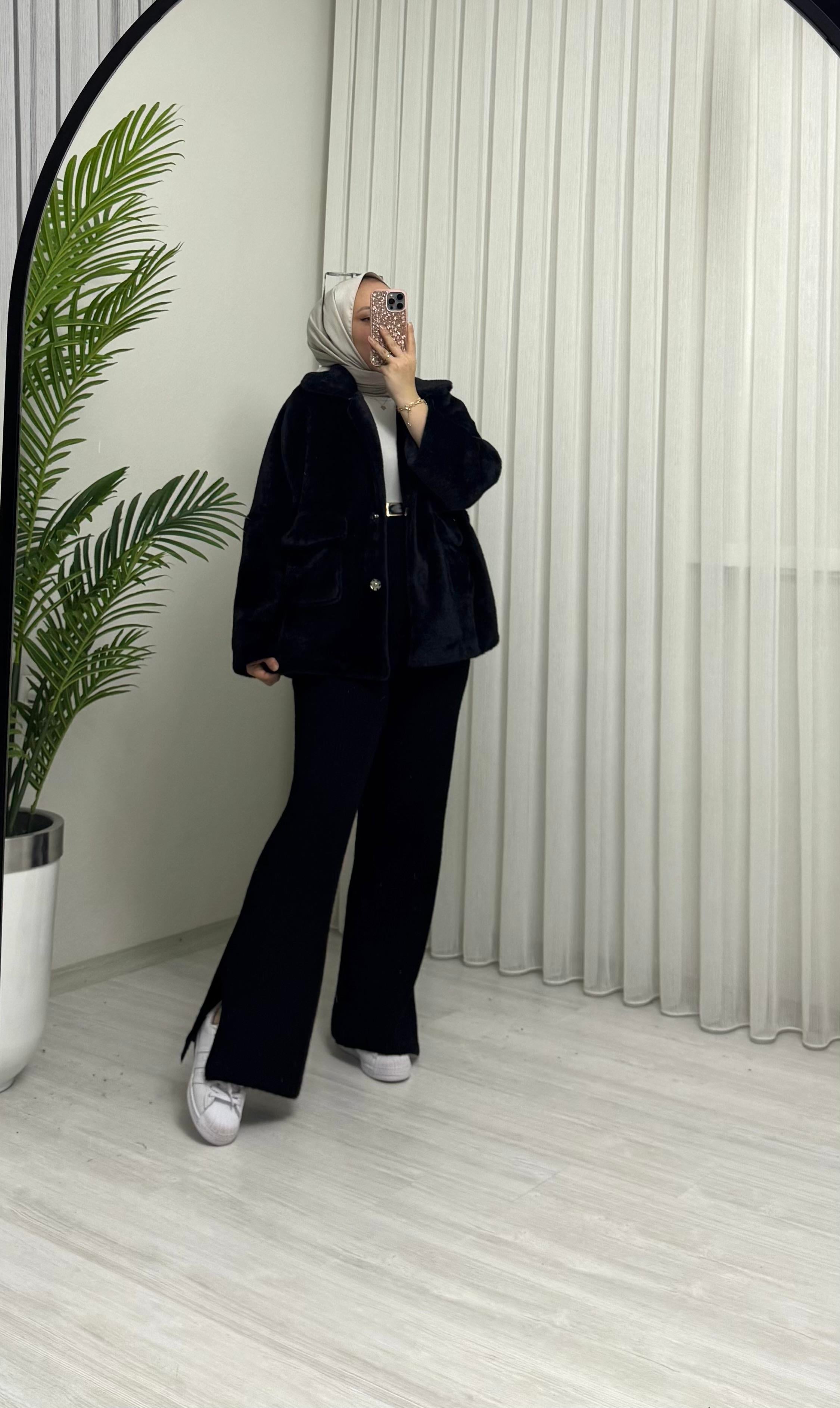 Poli Çıtlı Angora Astarlı Kaban Siyah