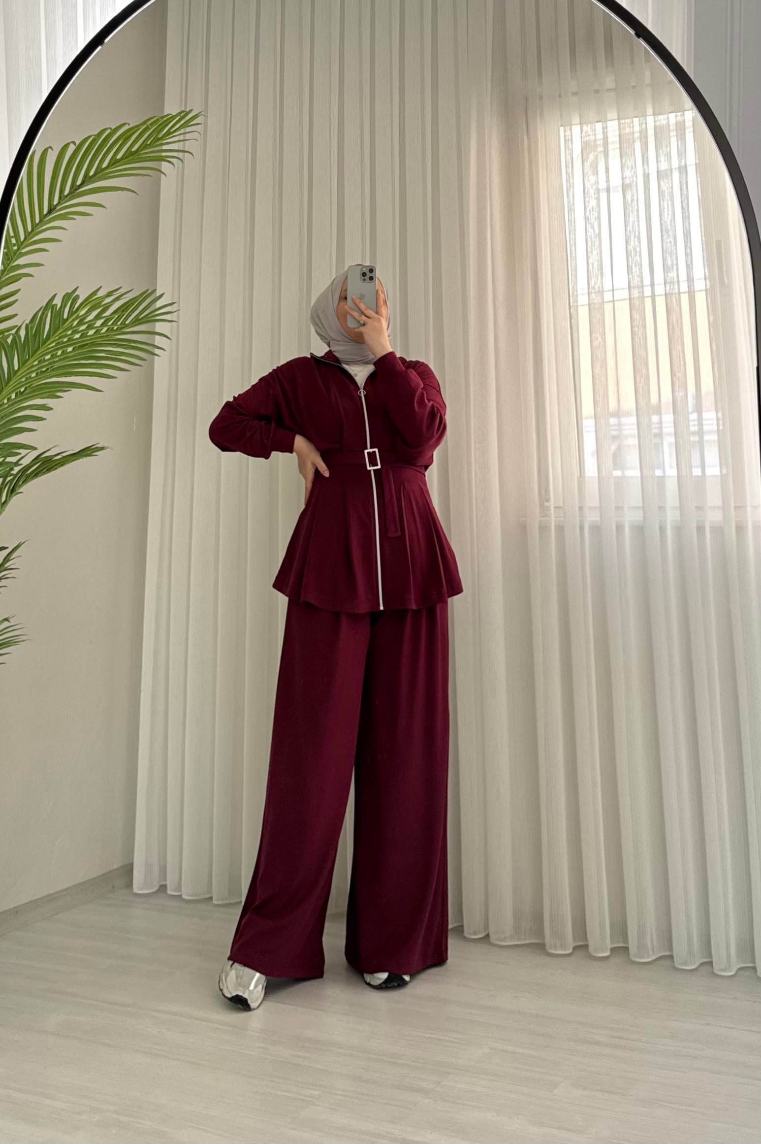 Poli Kemerli Geniş Paça Takım Bordo