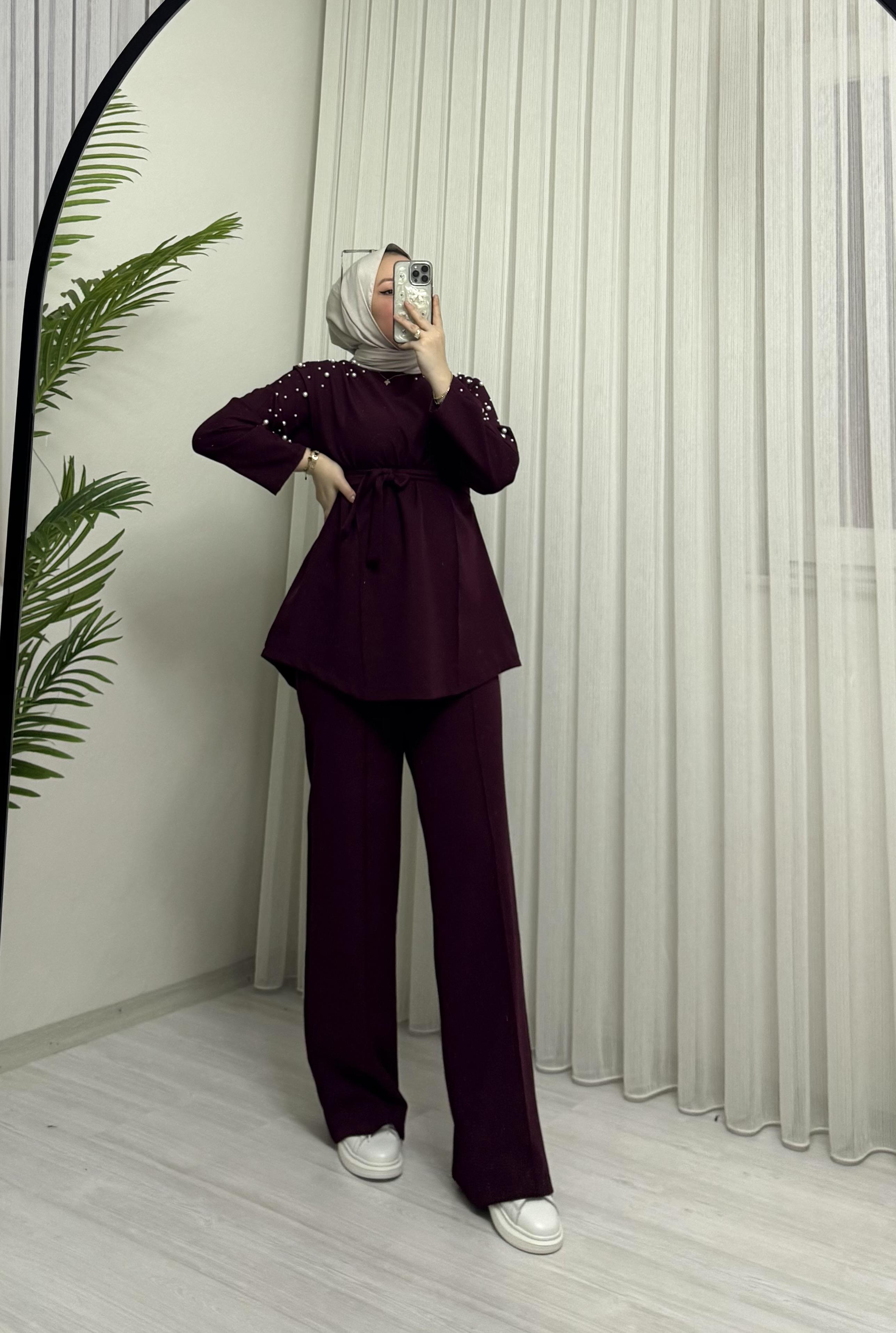 Poli Krep Omzu İnci Taşlı Takım Bordo