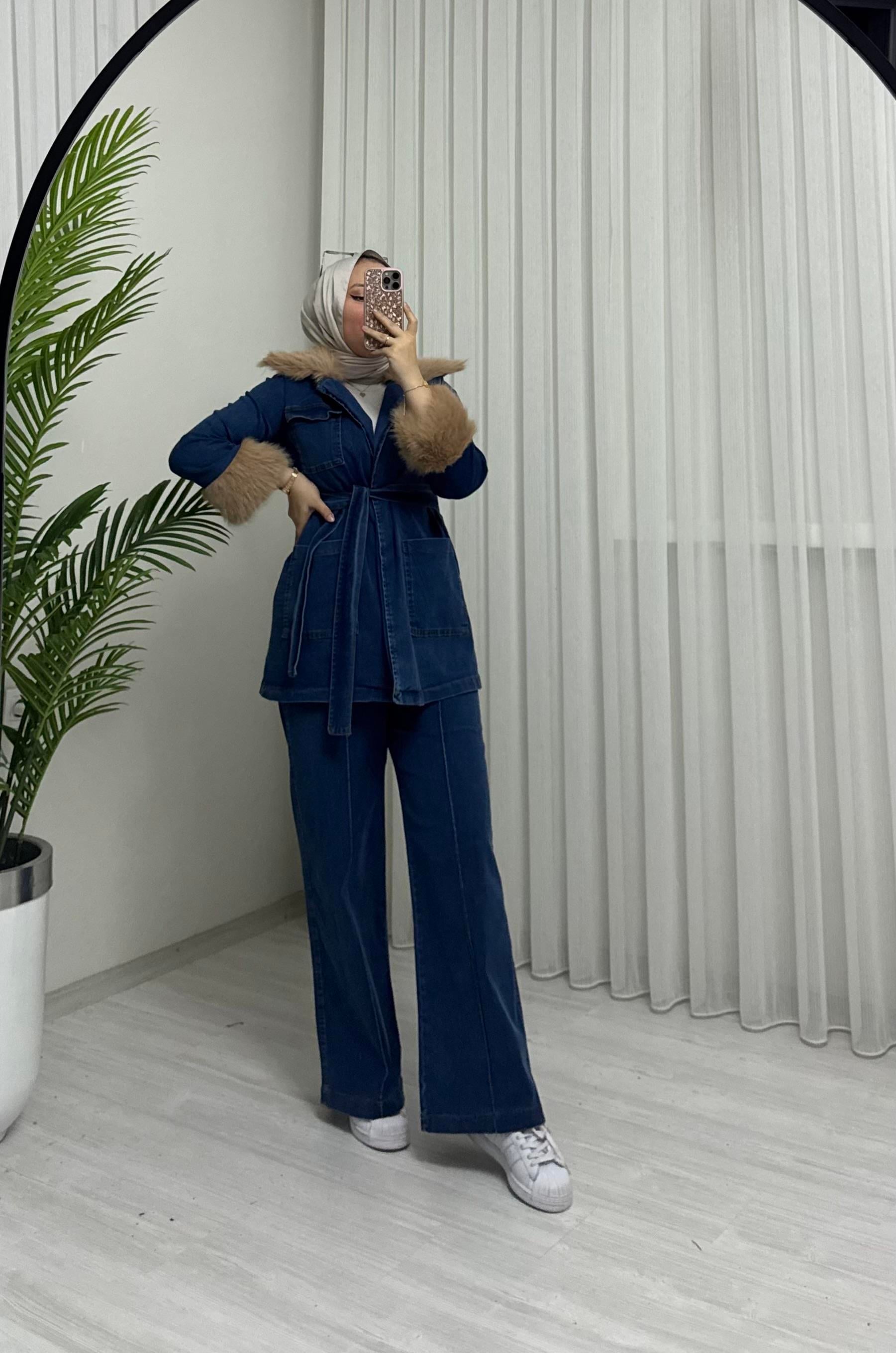 Poli Kürk Detaylı Kot Takım Açık Kot