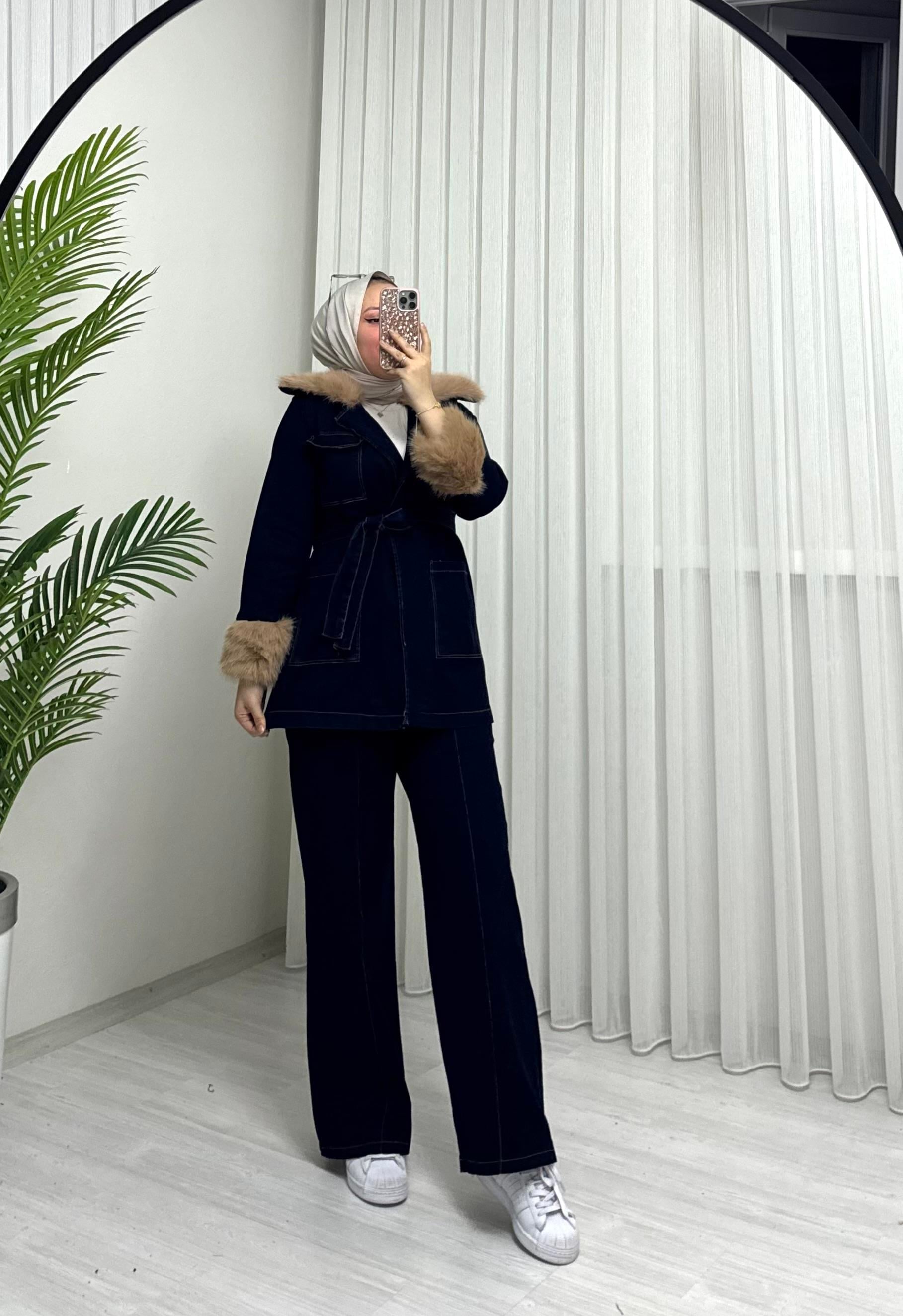 Poli Kürk Detaylı Kot Takım Koyu Kot