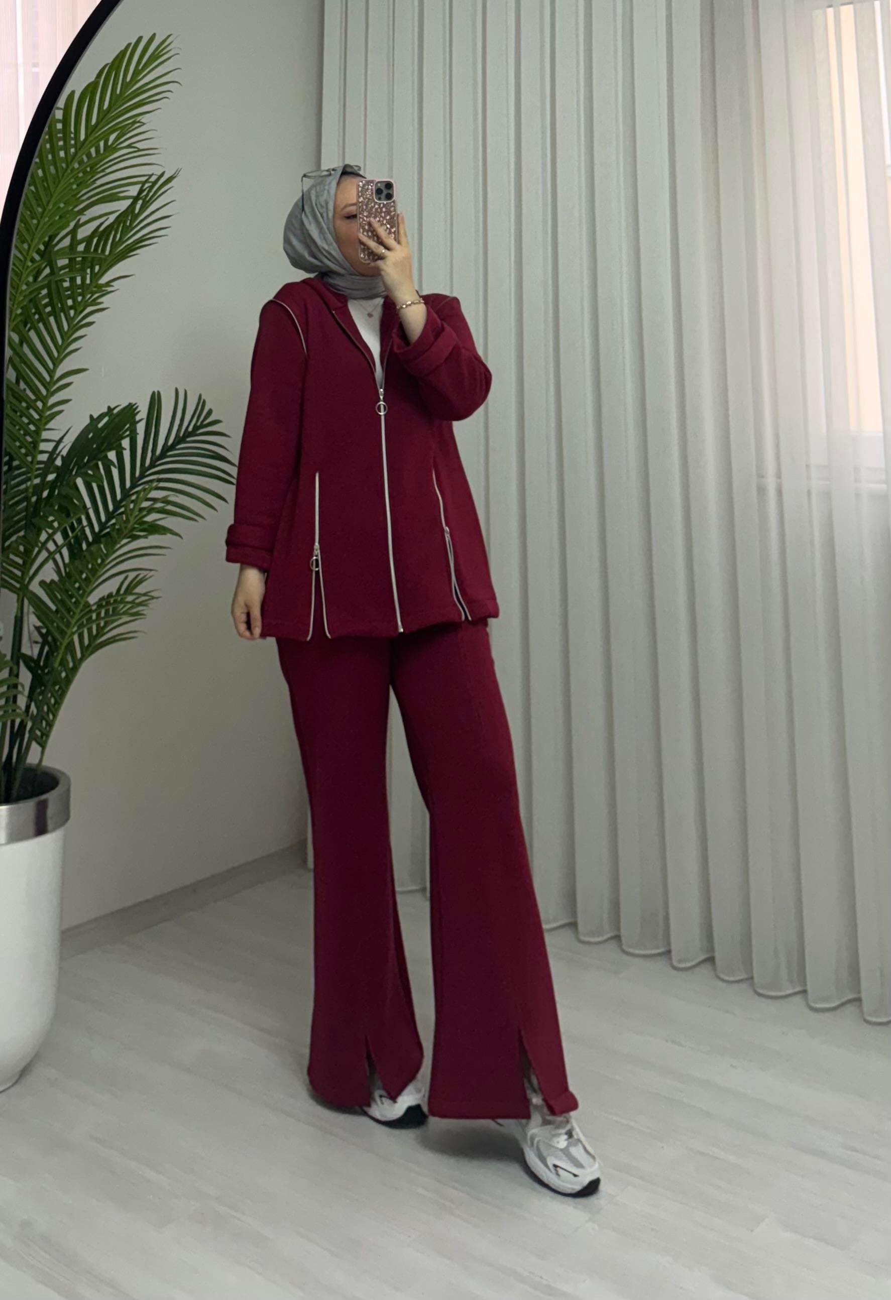Poli Şardonlu Fermuarlı Takım Bordo