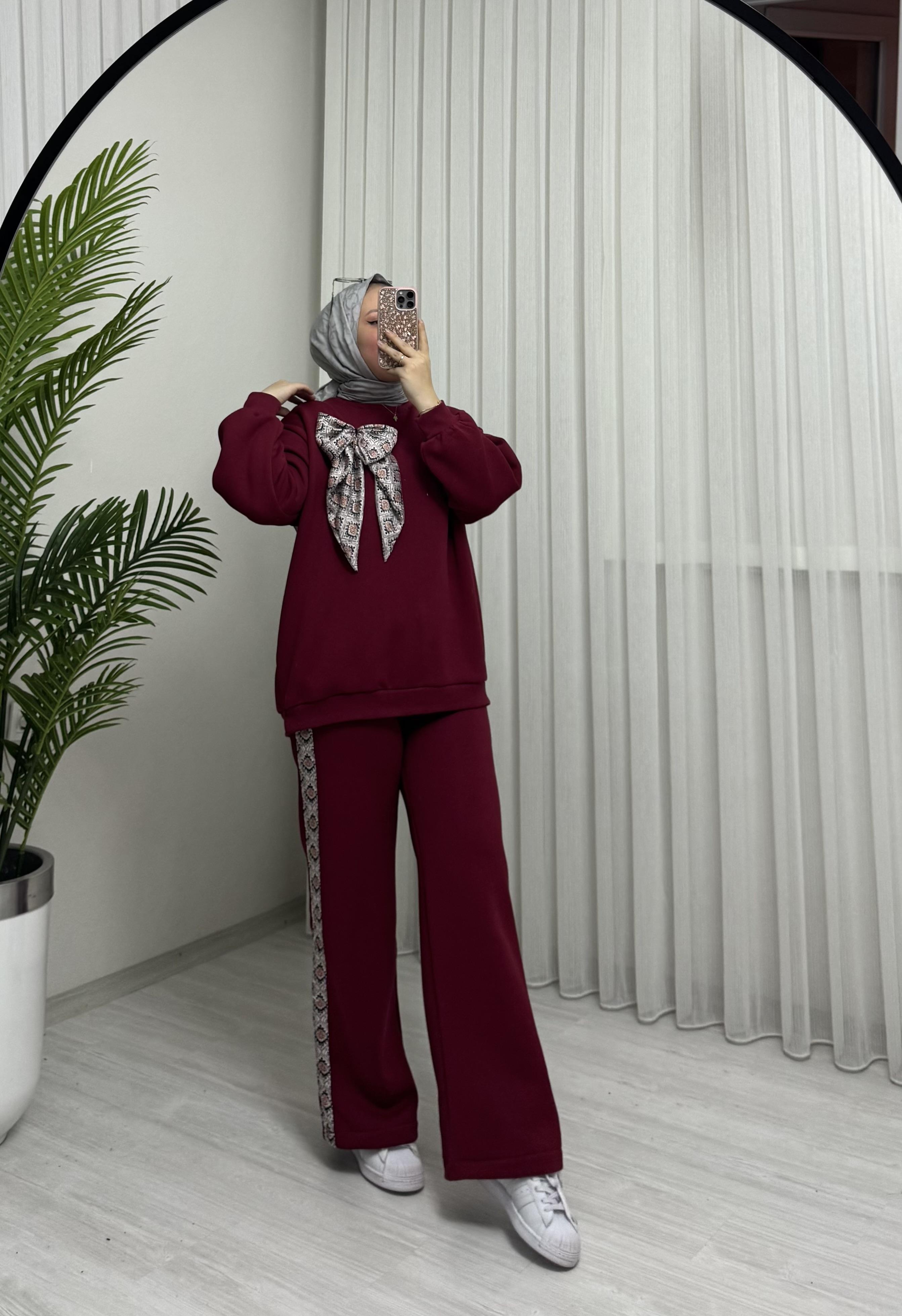 Poli Şardonlu Flarlı Takım Bordo