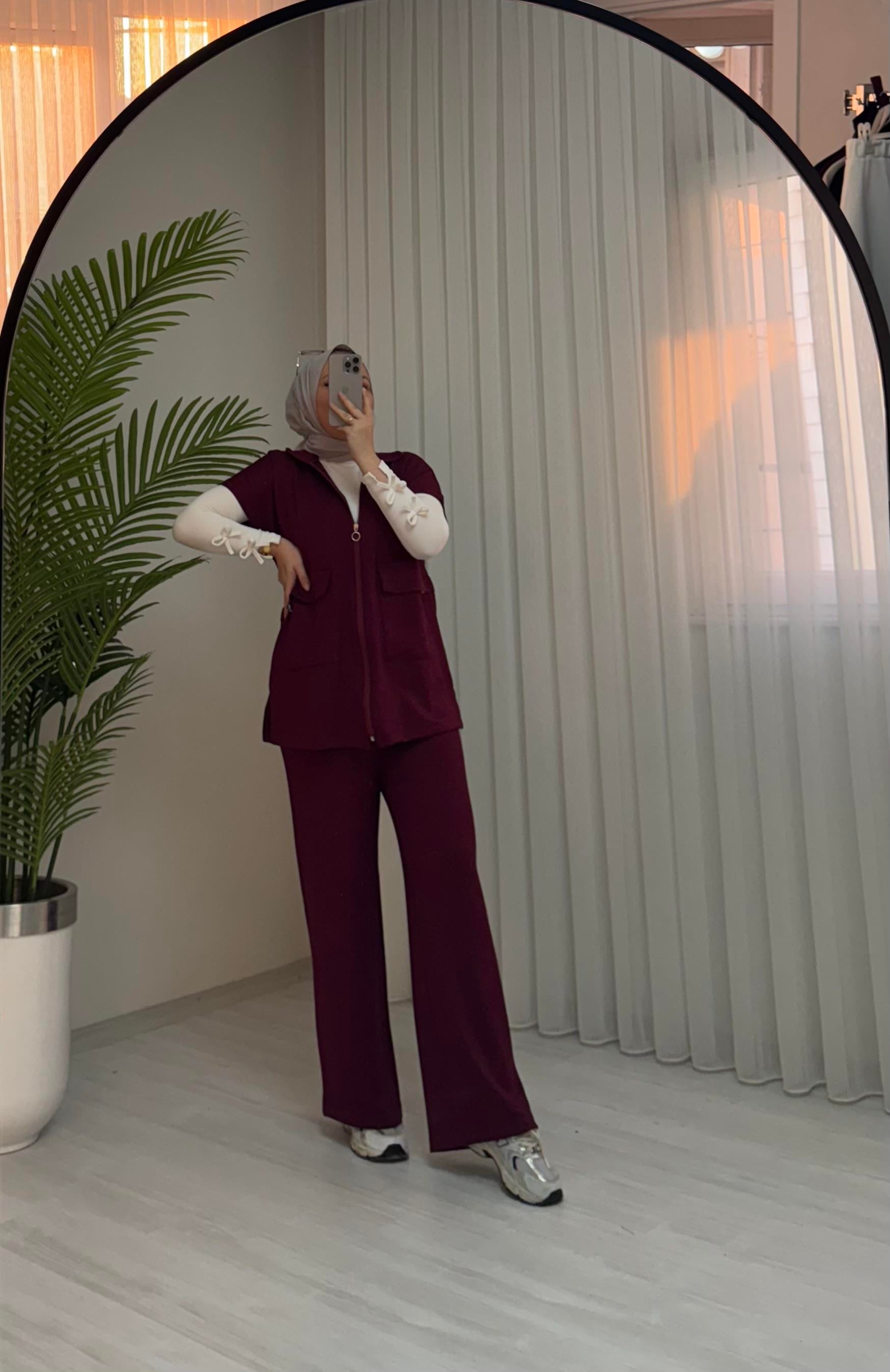 Poli Torba Cepli Yelekli Takım Bordo