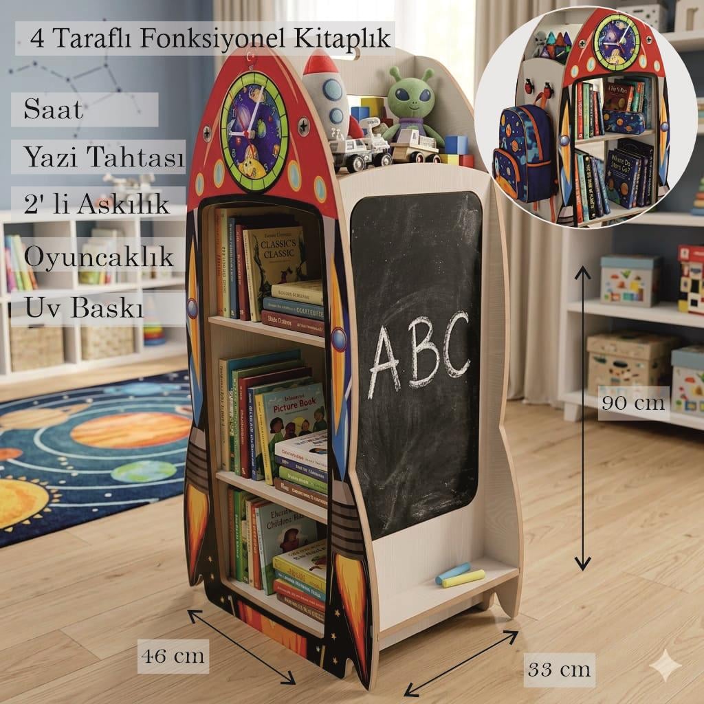  Roket Modelli Gerçek Saatli 4 Taraflı Yazı Tahtalı Askılıklı Montessori Kitaplık ve Oyuncak kutusu