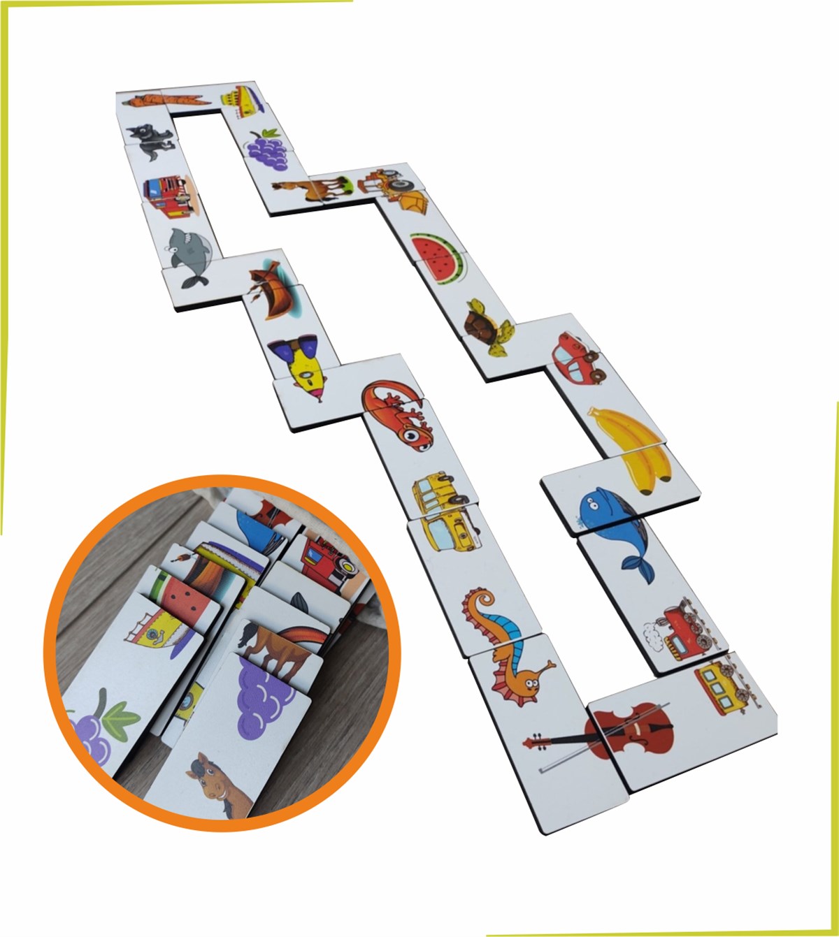Ahşap Renkli Domino Hayvanlar, Meyveler Ve Taşıtlar Puzzle