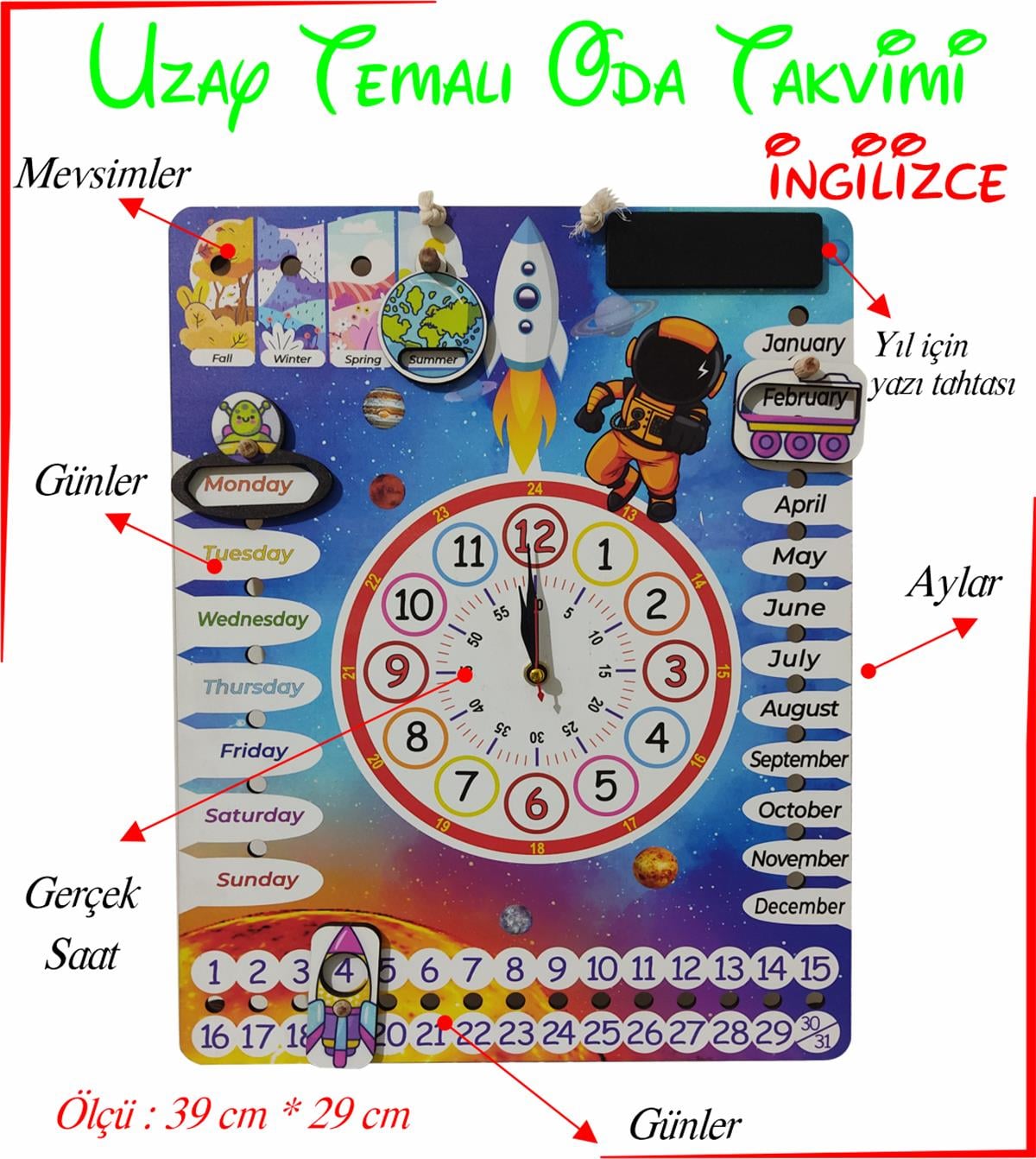 Çocuk Odası İngilizce Gezegen Temalı Gerçek Saatli Duvar Takvimi