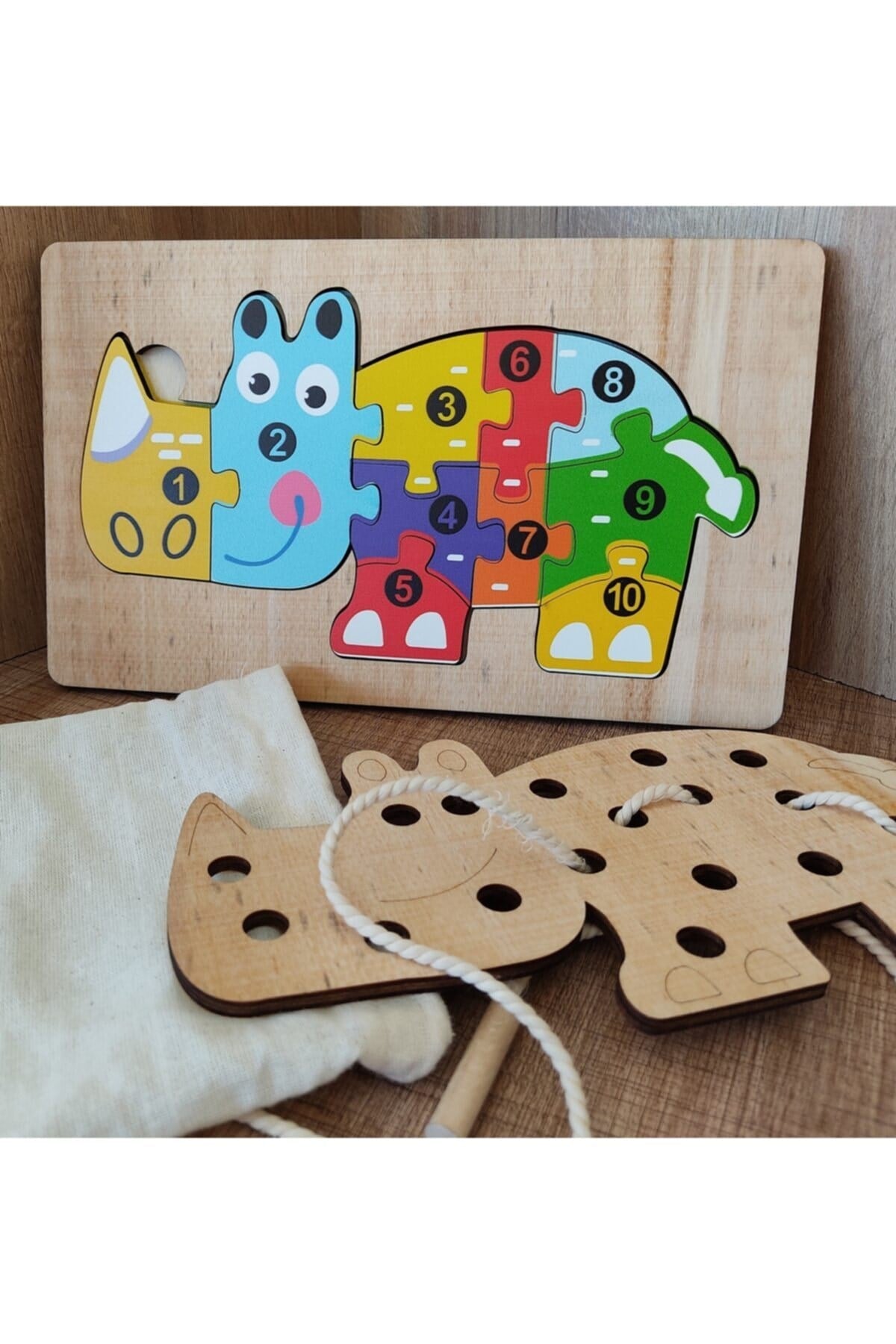 Gergedan Modelli 2 Parça ip Geçirmeli Ve Renkli Sayıları Öğreniyorum Ahşap Puzzle