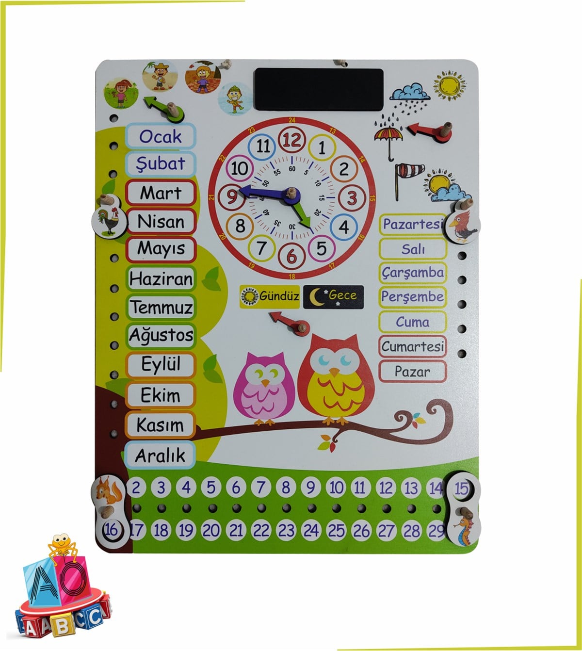 Montessori Ahşap Saatli Eğitici Takvim Günler, Aylar, Mevsimler, Hava Durumu, Rakamlar
