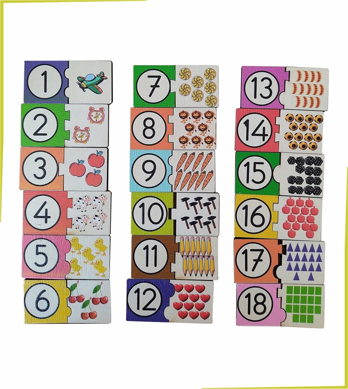 Montessori Renkli Sayı Ve Miktarları Eşleştirme Ahşap Puzzle 18 rakam