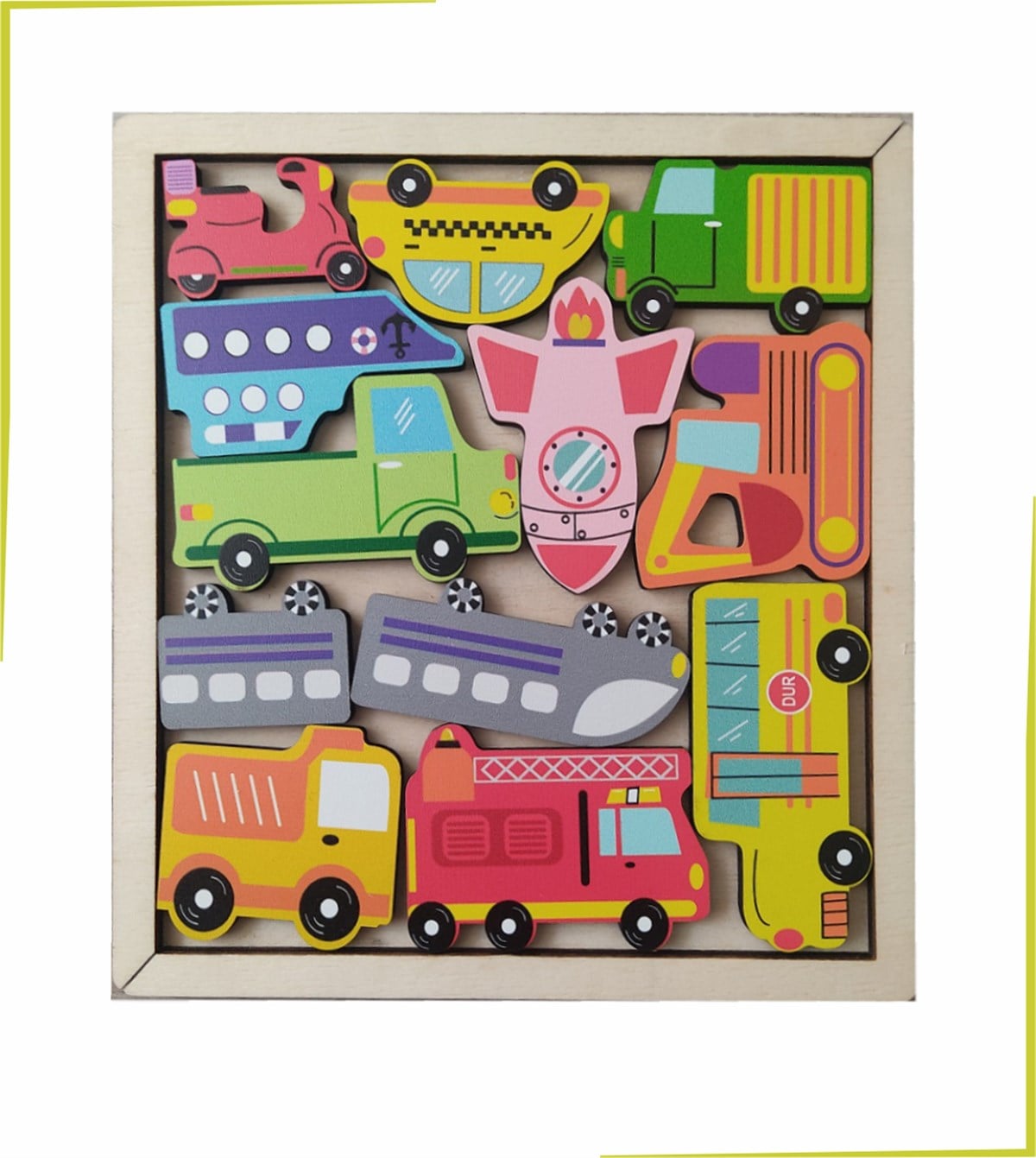 Renkli Araçlar Ahşap Puzzle 12 parça tablalı