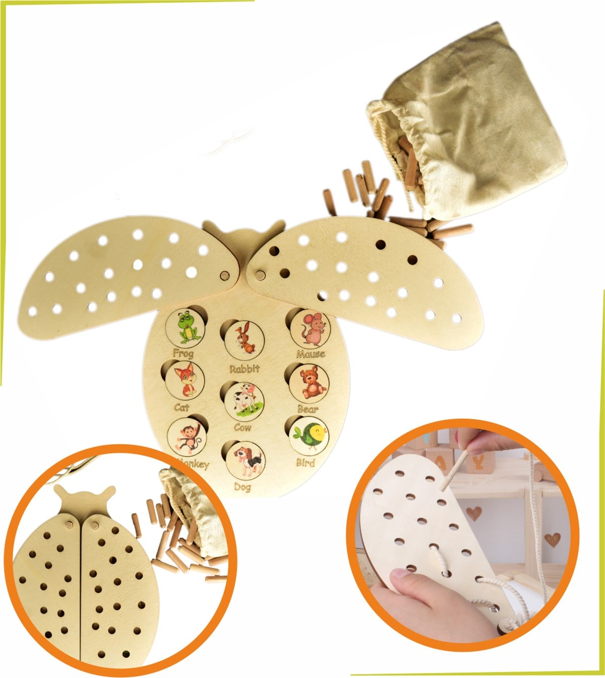 Uğur Böceği Ip ve Pim Geçirmeli Hayvanlar ve Besinleri Eşleştirme Oyunu Ahşap Puzzle