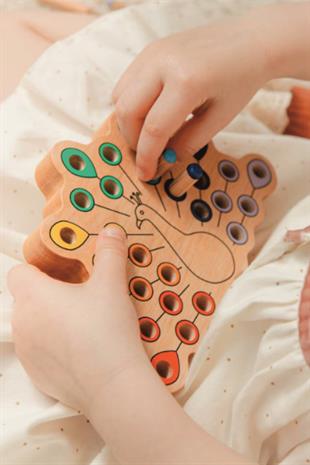  Montessori Ahşap Duyusal Eğitici Oyuncak Renkli Pim Takmalı Tavus Kuşu