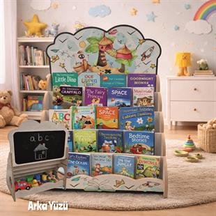  Montessori Yazı Tahtalı Hayal Dünyası Temali 5 Raflı Kitaplık ve Oyuncak Saklama Yerli