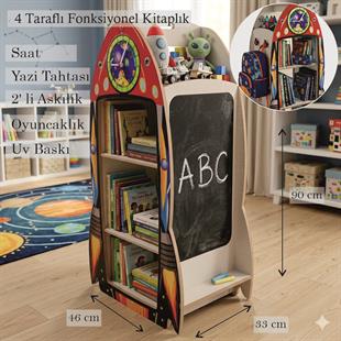  Roket Modelli Gerçek Saatli 4 Taraflı Yazı Tahtalı Askılıklı Montessori Kitaplık ve Oyuncak kutusu