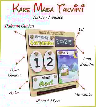 Masa Takvimi Kare Türkçe İngilizce