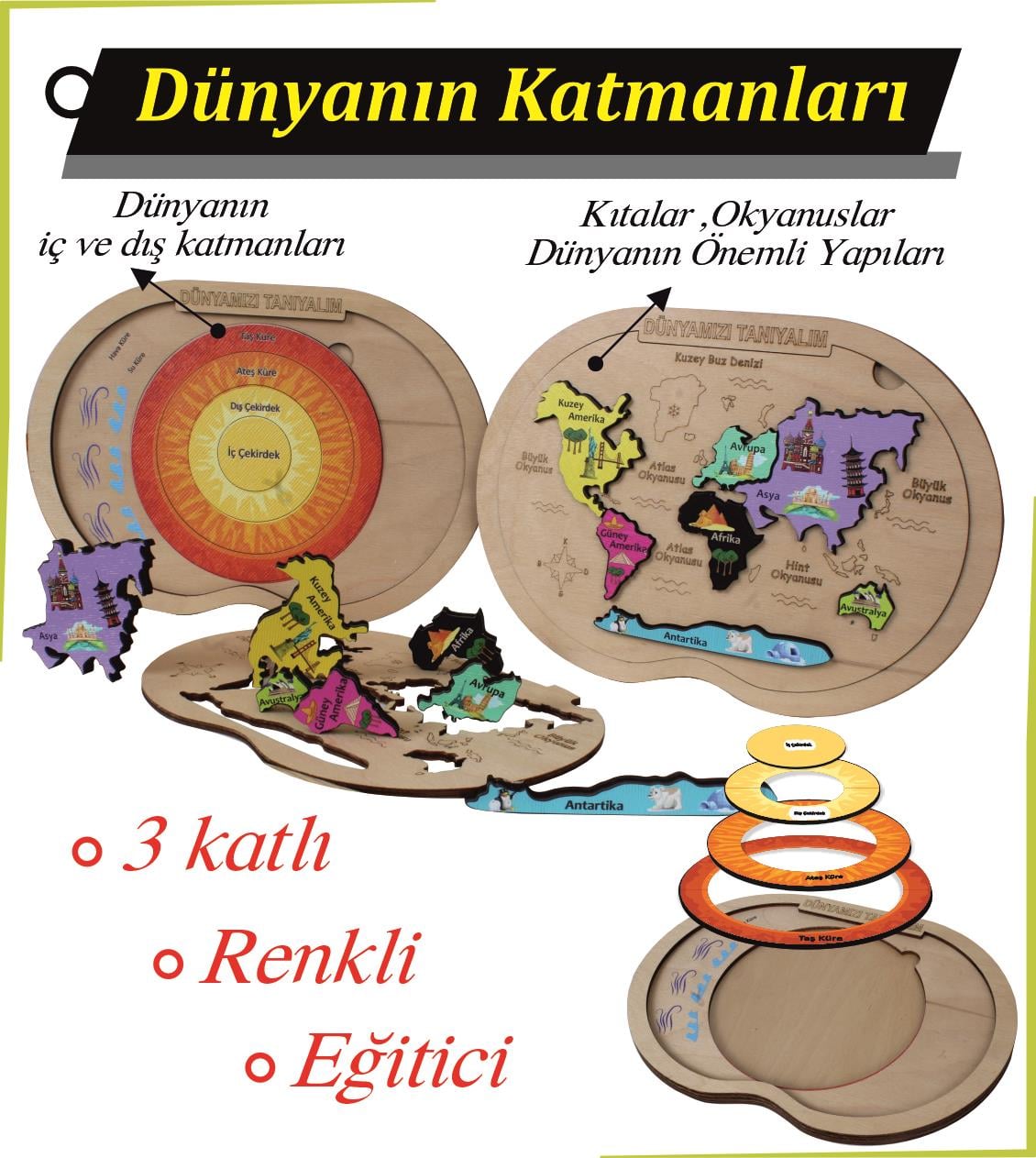 Dünyanın Katmanları Renkli Kıtalar ve Okyanuslar ve Puzzle