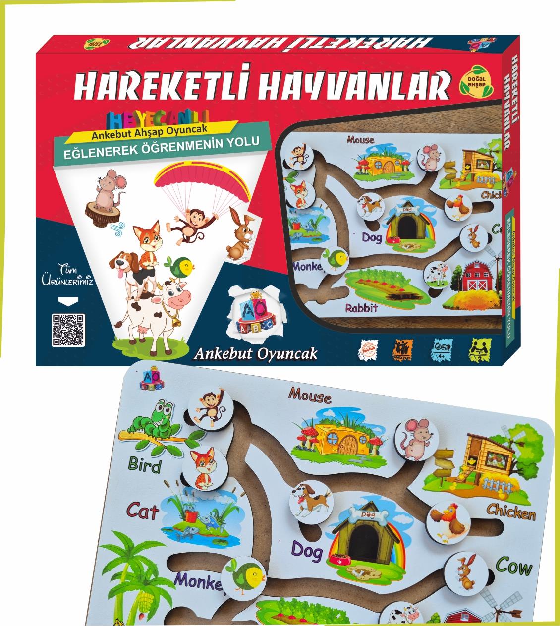 Hareketli Hayvanlar ve Besinleri Beyaz İngilizce İlk Kelimelerim Yapboz Oyunu