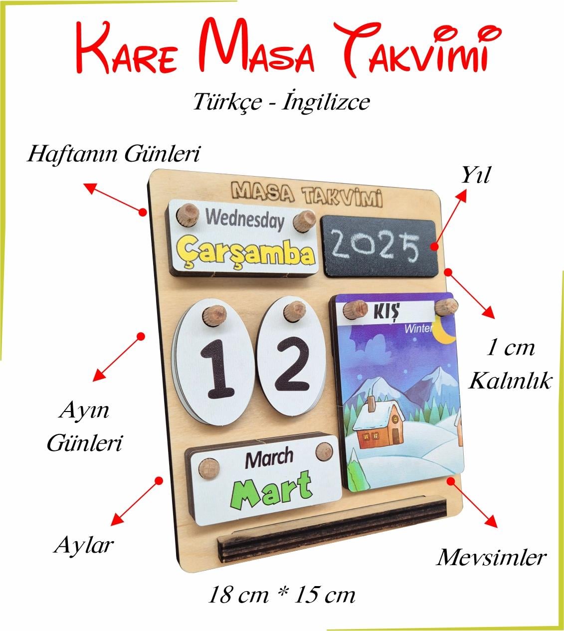 Masa Takvimi Kare Türkçe İngilizce