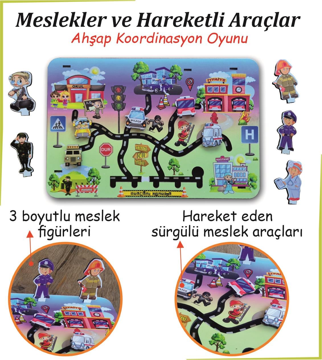 Meslekler ve Hareketli Araçlar Ahşap Koordinasyon  Oyunu