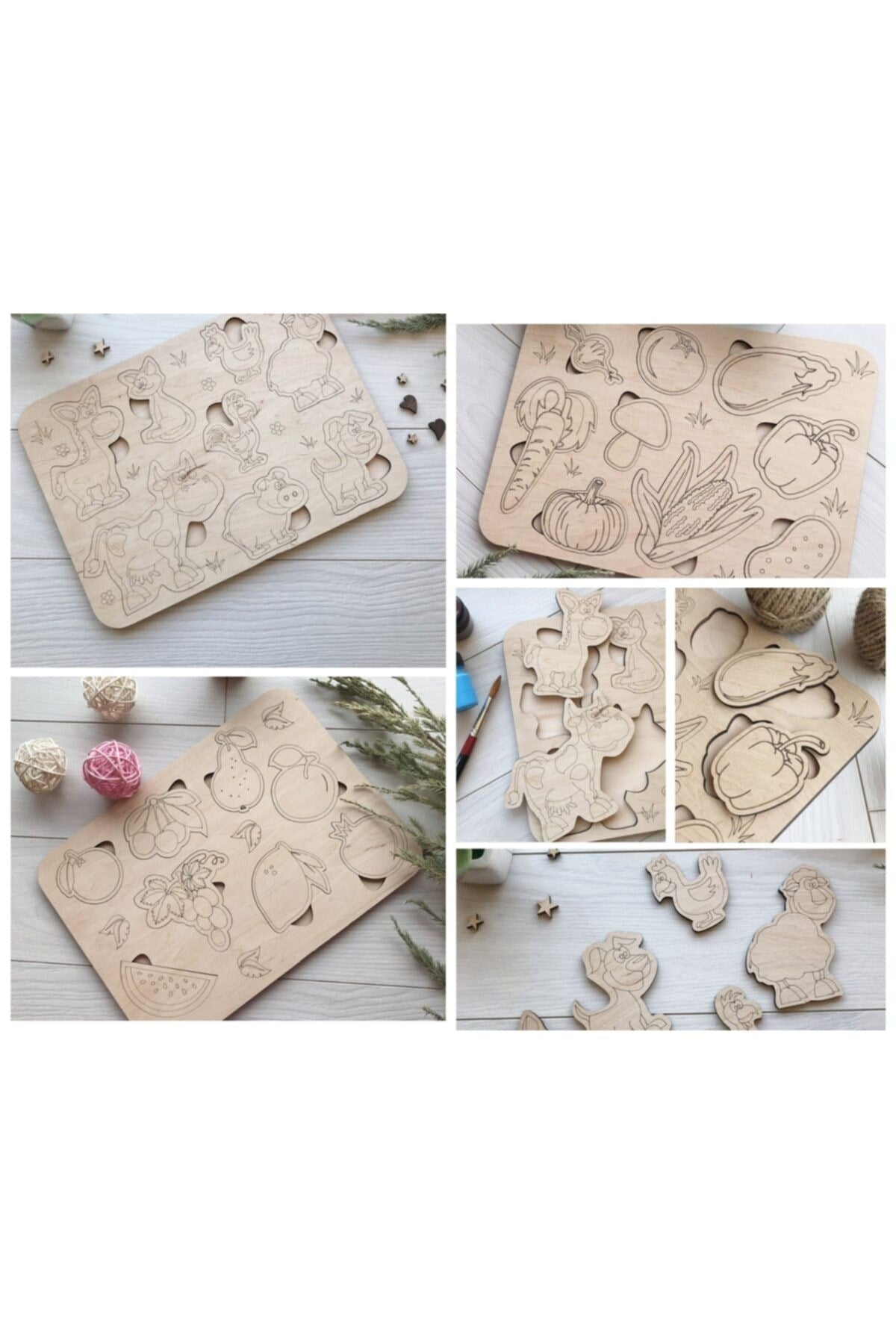 Montessori Boyanabilir 3'lü Puzzle Seti Hayvanlar Meyveler Ve Sebzeler Doğal Ahşap
