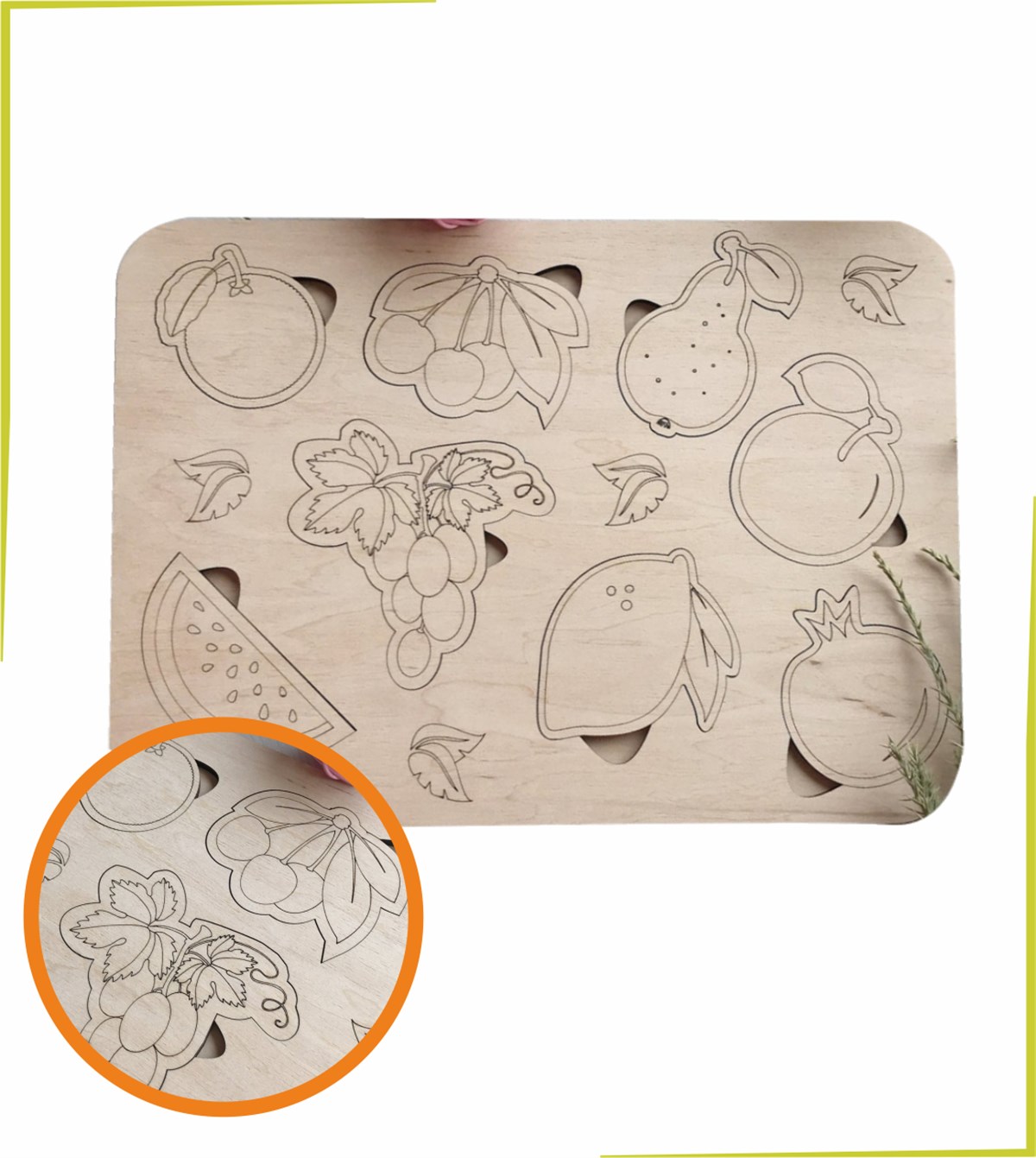 Montessori Boyanabilir Meyveler Puzzle Doğal Ahşap