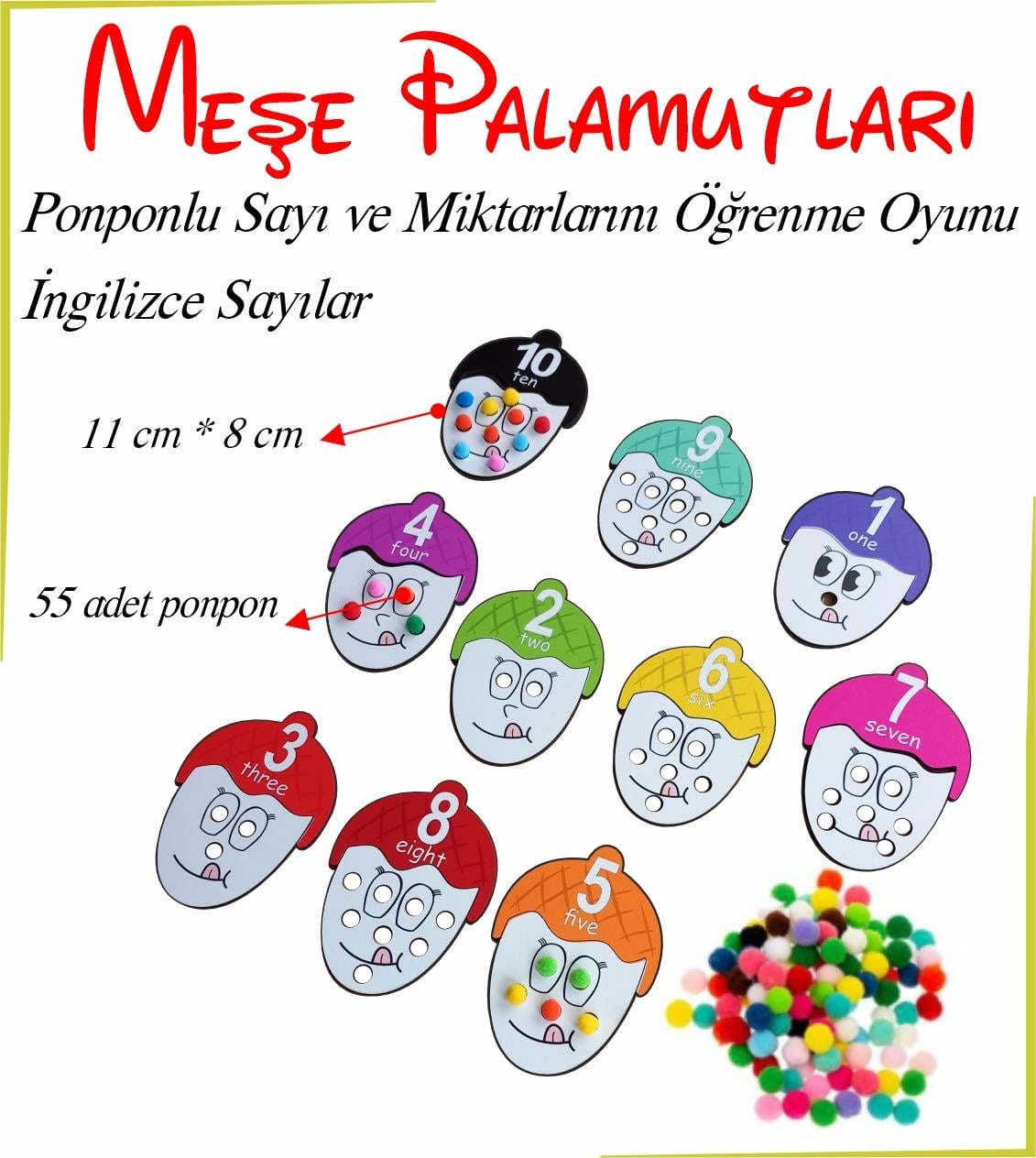 Ponponlu Meşe Palamudu Sayı ile Değerlerini, renkleri ve İngilizce Sayıları Öğrenme Oyunu