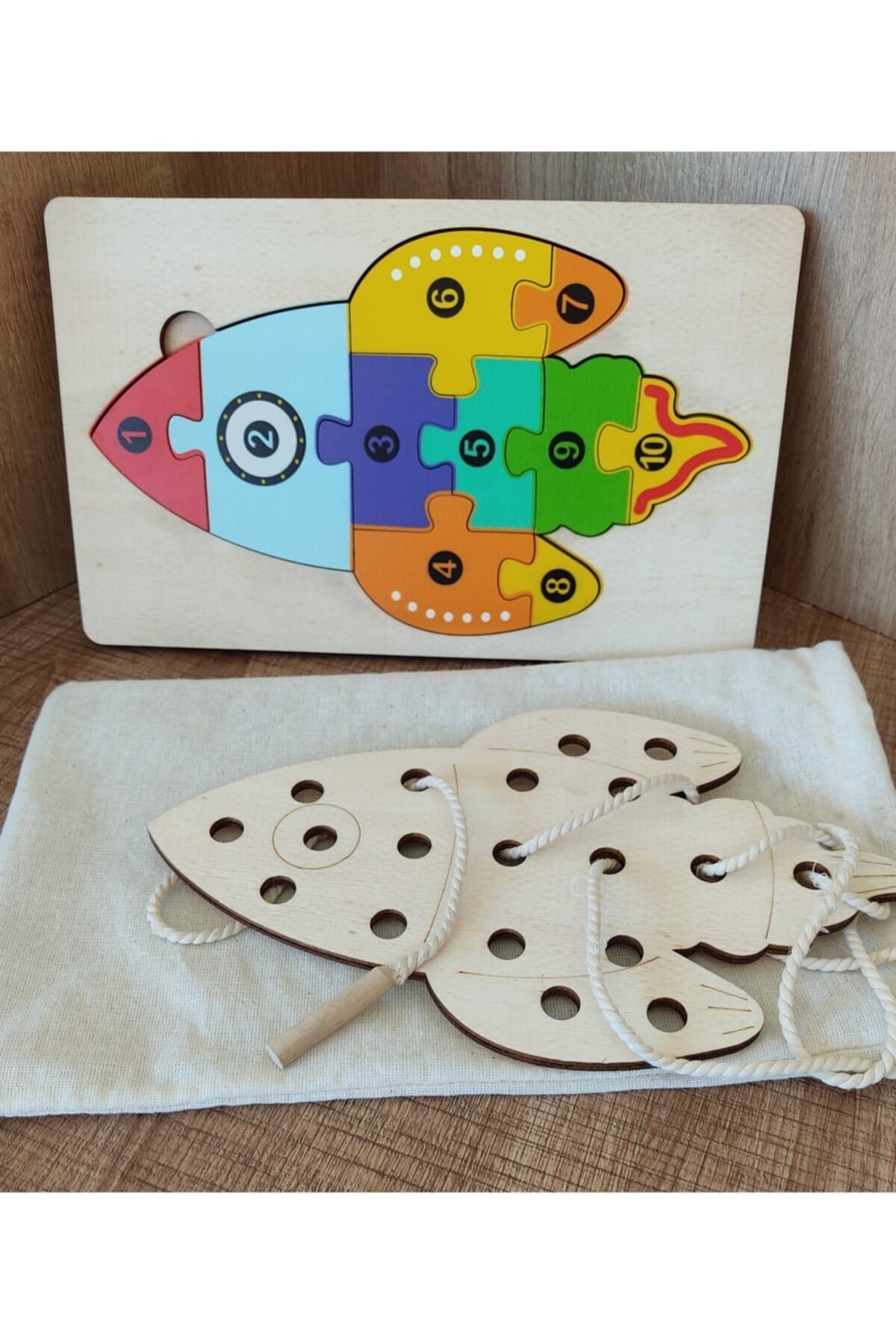 Roket Modelli 2 Parça ip Geçirmeli Ve Renkli Sayıları Öğreniyorum Ahşap Puzzle