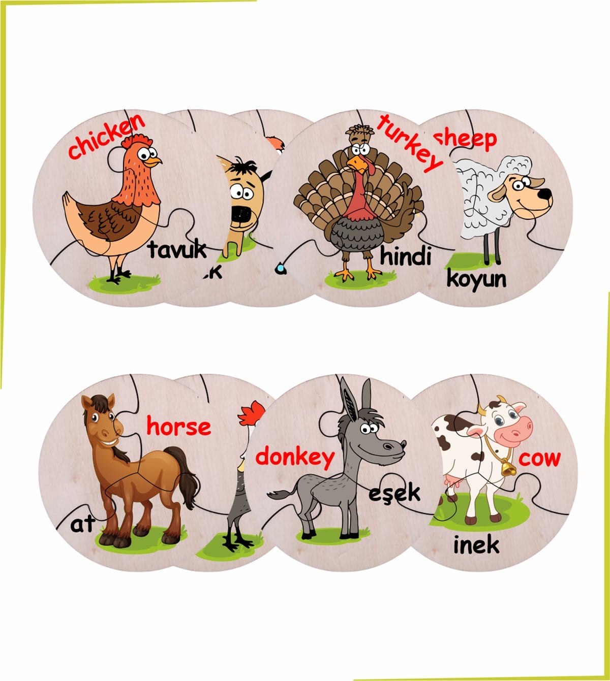 Türkçe Ingilizce Çiftlik Hayvanları Ahşap Renkli Puzzle 9 Araç 27 Parça