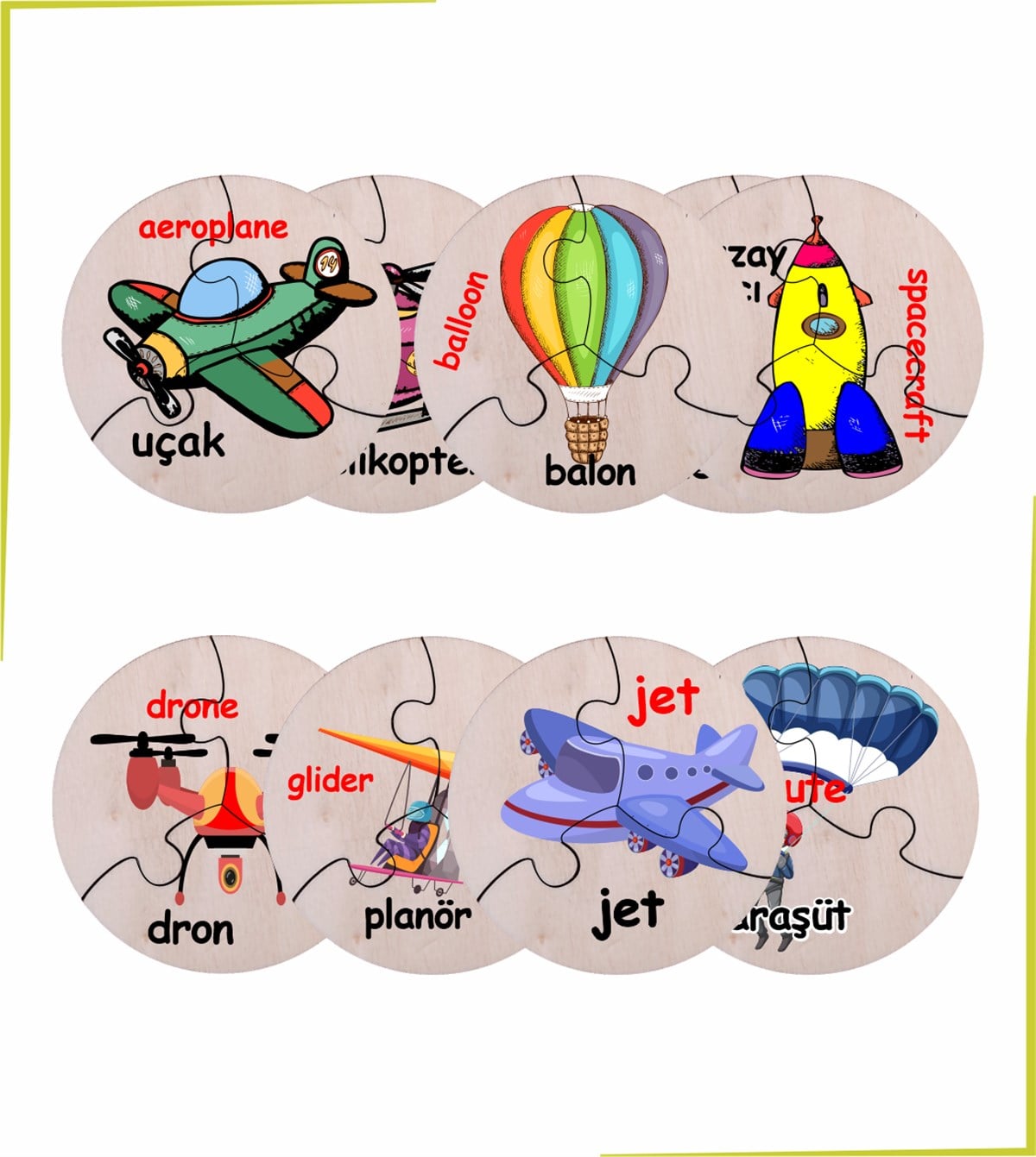 Türkçe İngilizce Hava Taşıtları Ahşap Renkli Puzzle 9 Araç 27 Parça