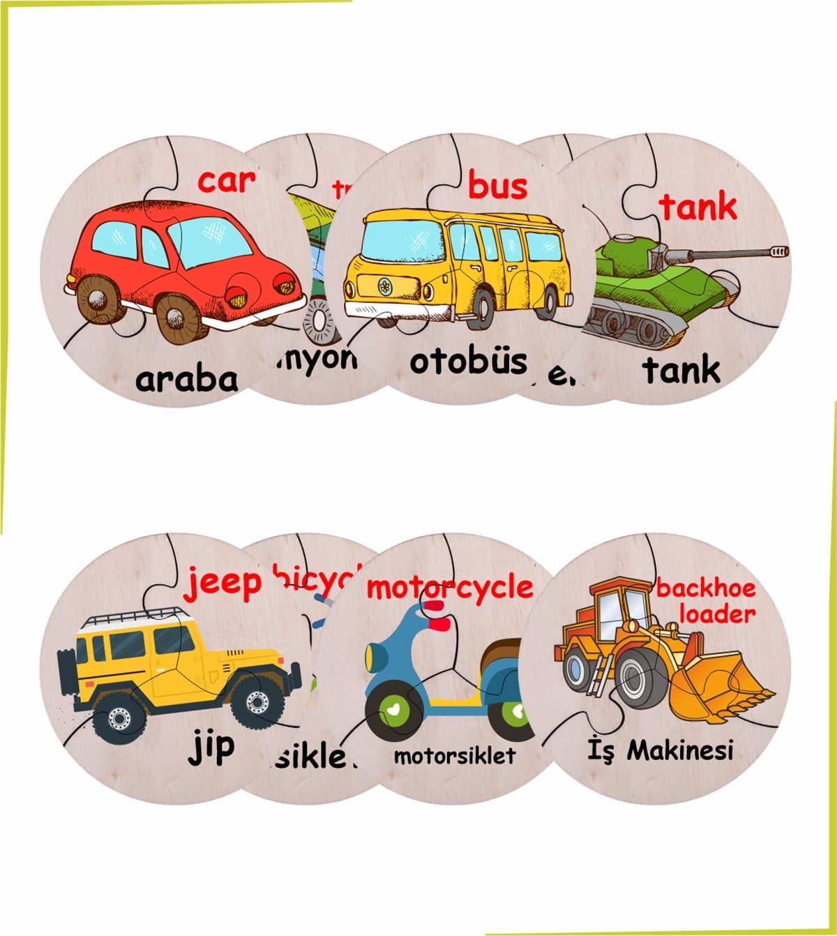 Türkçe İngilizce Kara Araçları Ahşap Renkli Puzzle 9 Araç 27 Parça